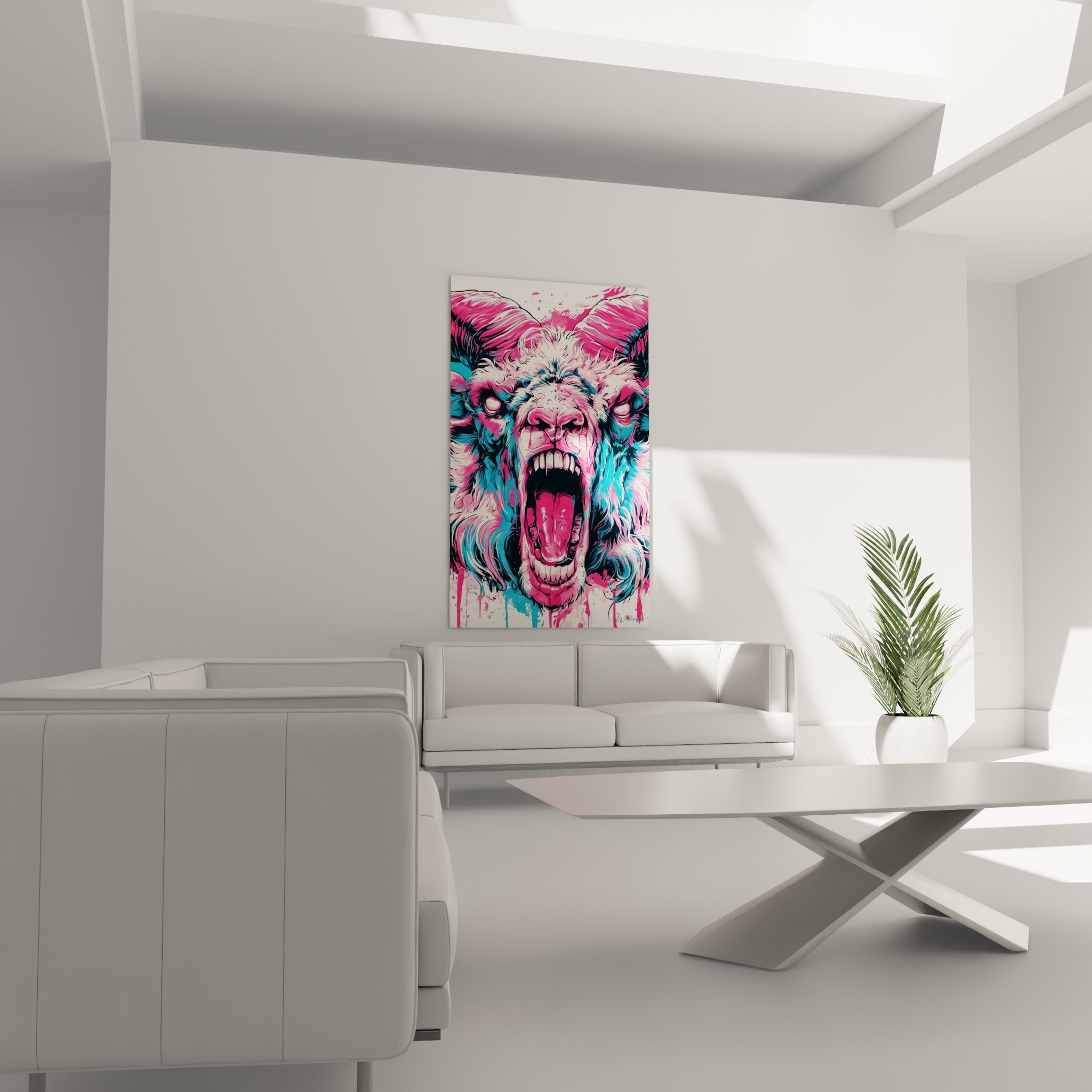 Cornes roses et pelage bleu du Bélier hurlant placés au-dessus d'un canapé dans un salon lumineux