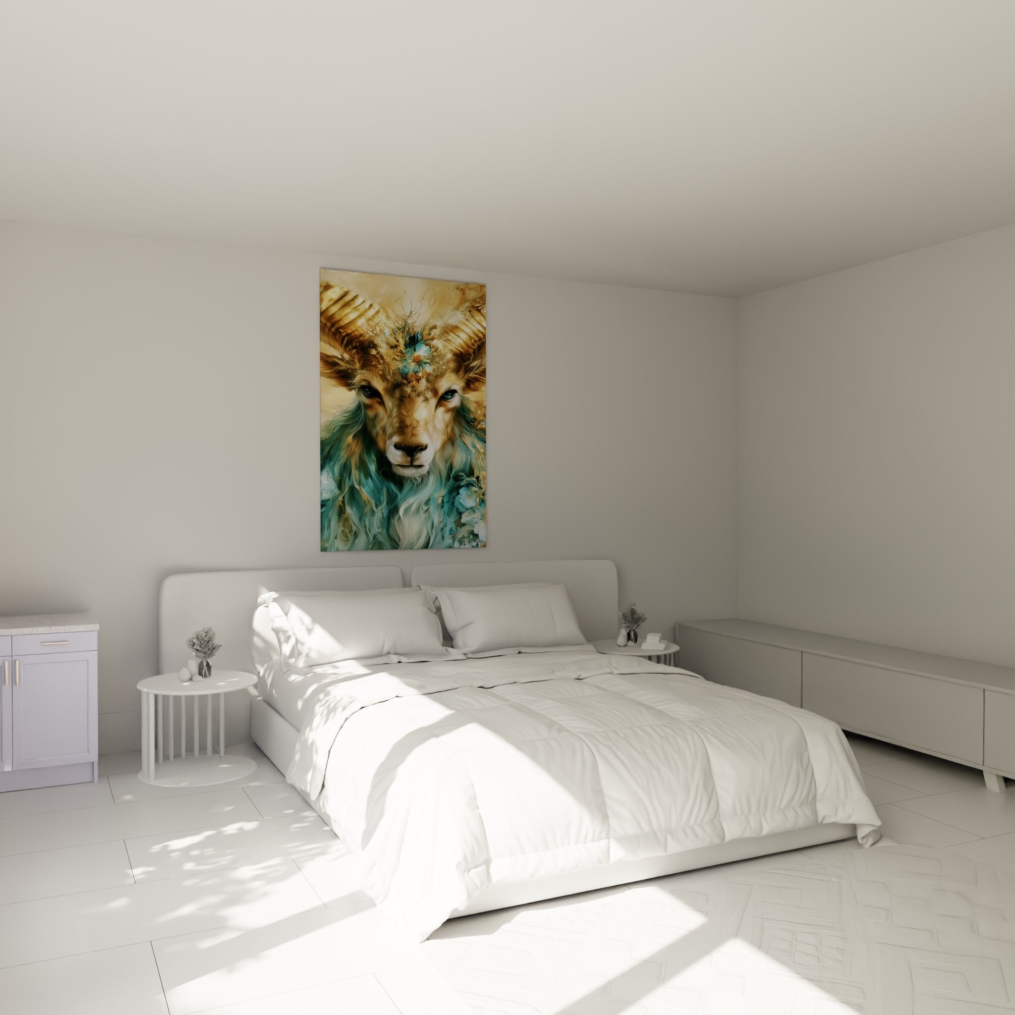 Cornes dorées majestueuses du Bélier turquoise accrochées au-dessus d'un lit dans une chambre claire