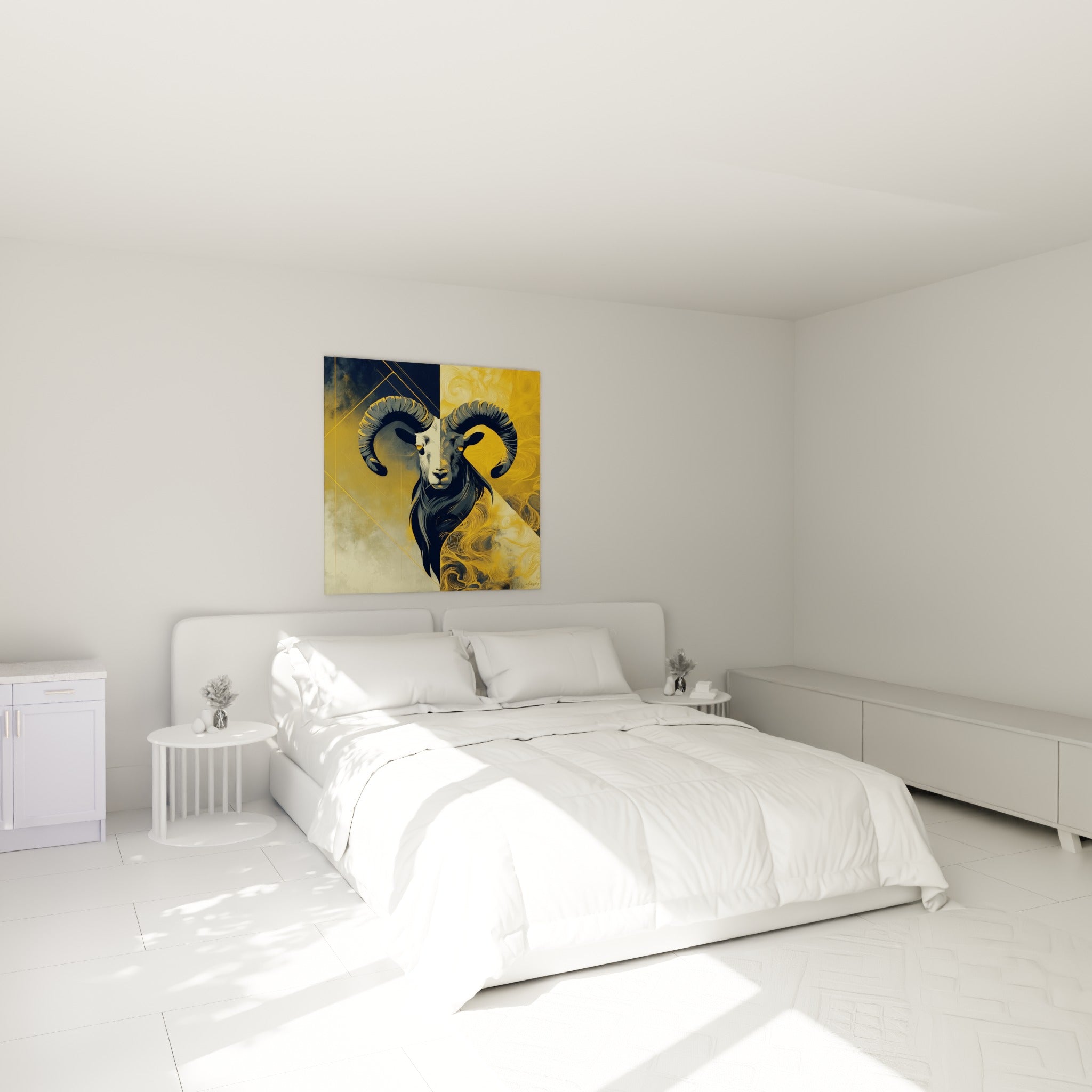 Cornes enroulées d'un bélier doré et anthracite accrochées au-dessus d'un lit dans une chambre claire