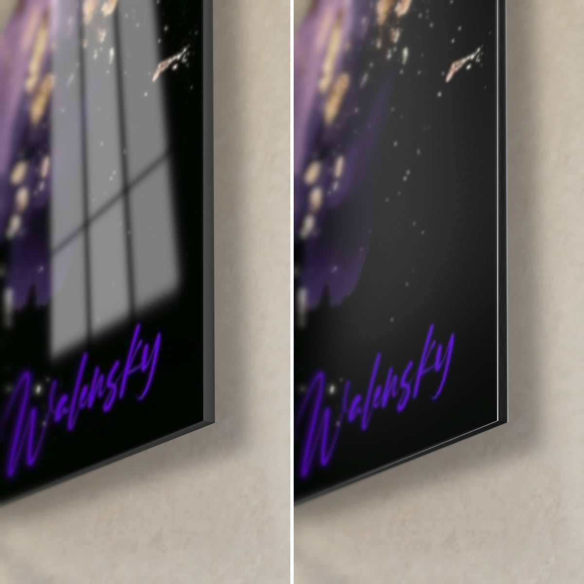 Schilderij ram in paars en goud, rechtsonder: glanzend acrylglas met raamreflecties, mat Dibond-aluminium, 3 mm rand en Walensky-signatuur