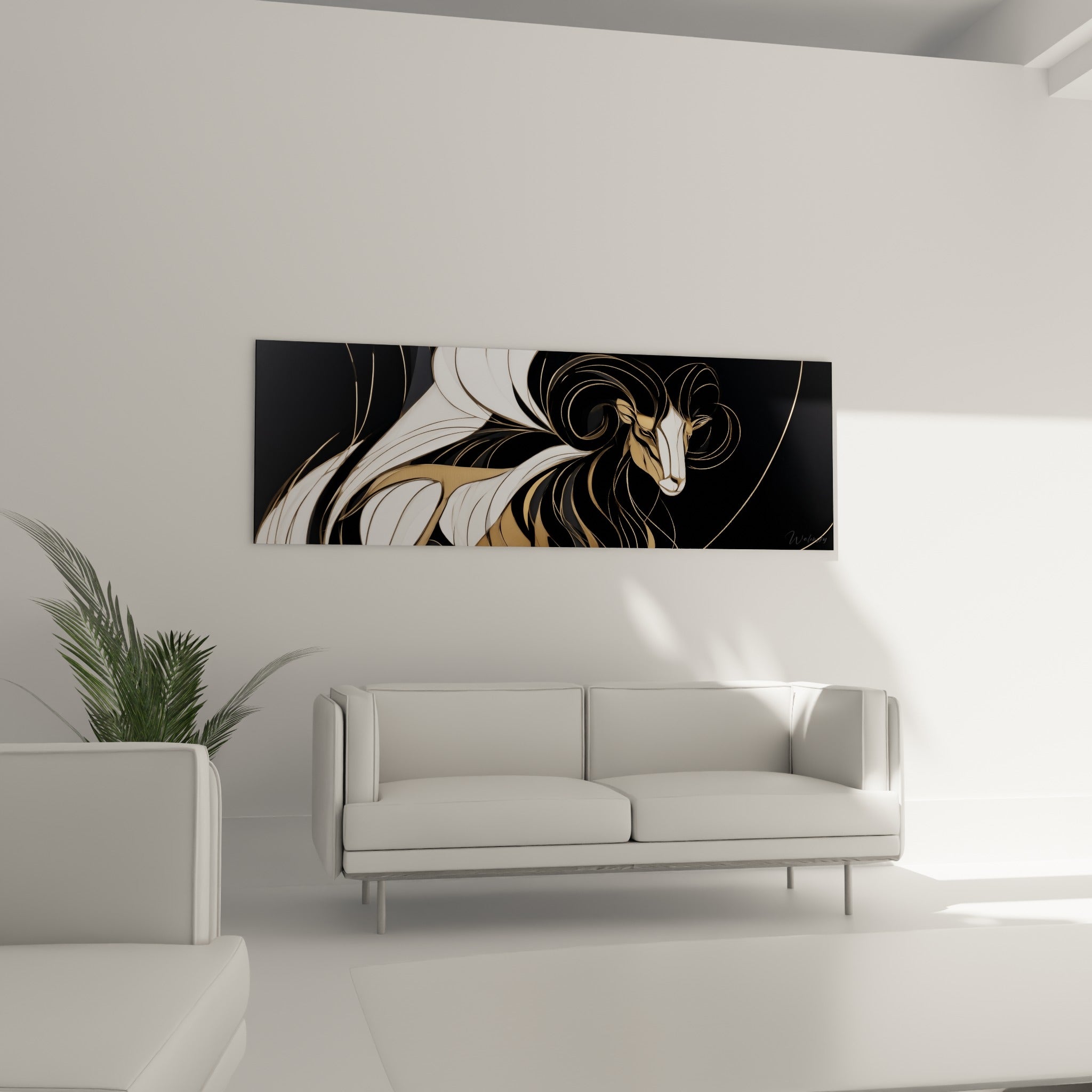 Silhouette noire et dorée du Bélier aux courbes fluides, placée au-dessus d'un canapé dans un salon lumineux