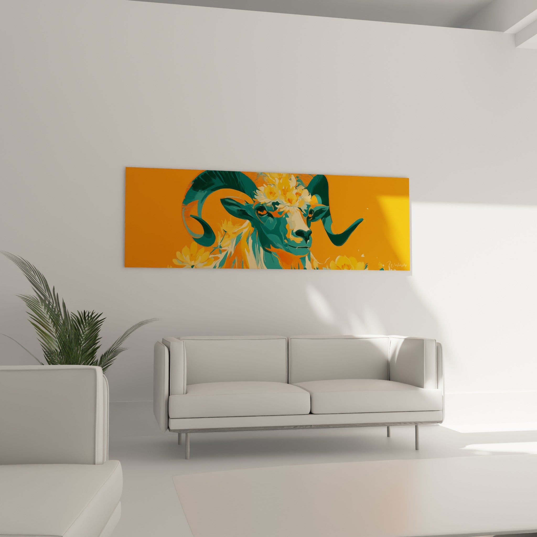 Regard ambré du Bélier vert et fleurs jaunes au-dessus d'un canapé dans un salon lumineux