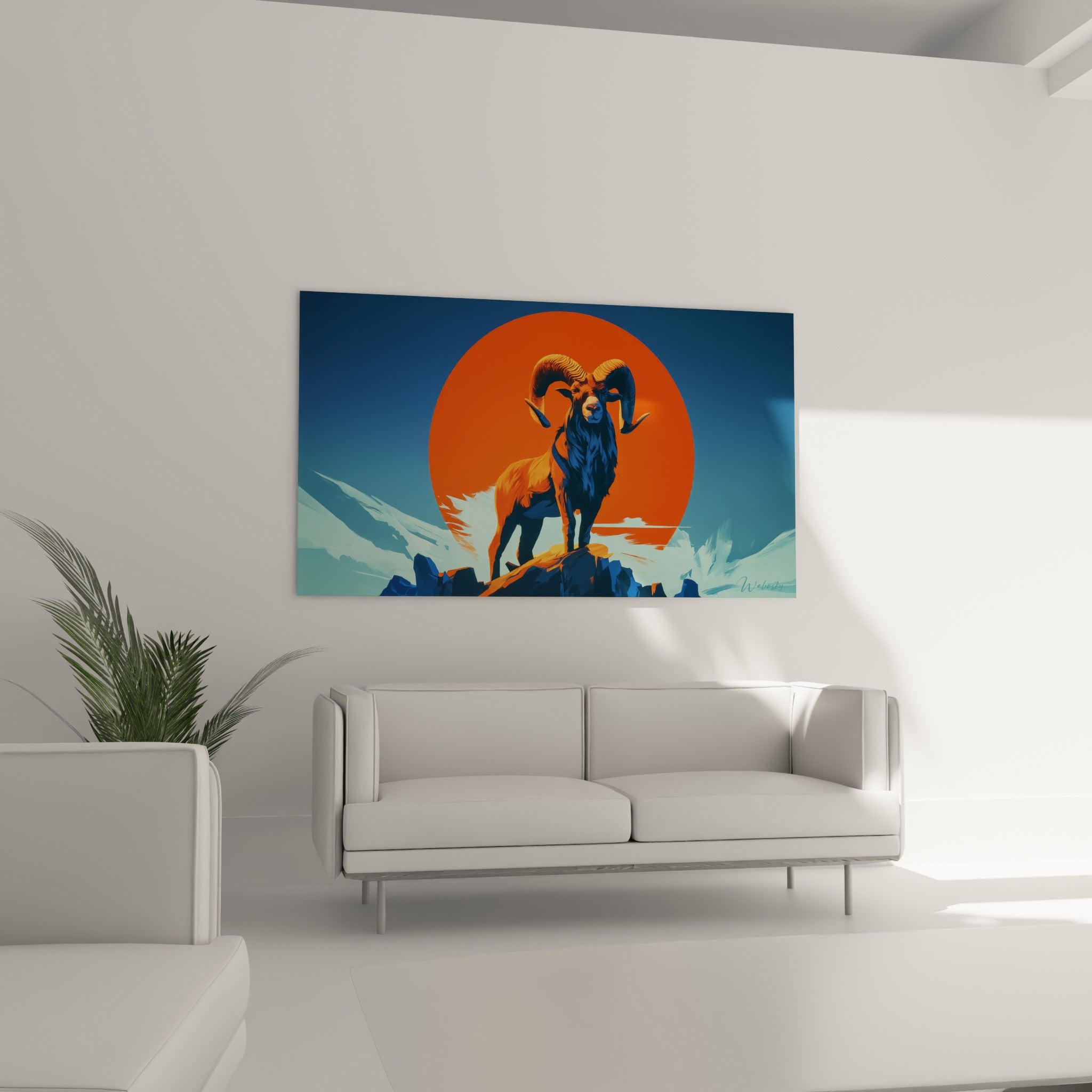 Silhouette du Bélier face au soleil orange, crinière bleu profond et roches sombres, au-dessus d'un canapé dans un salon lumineux