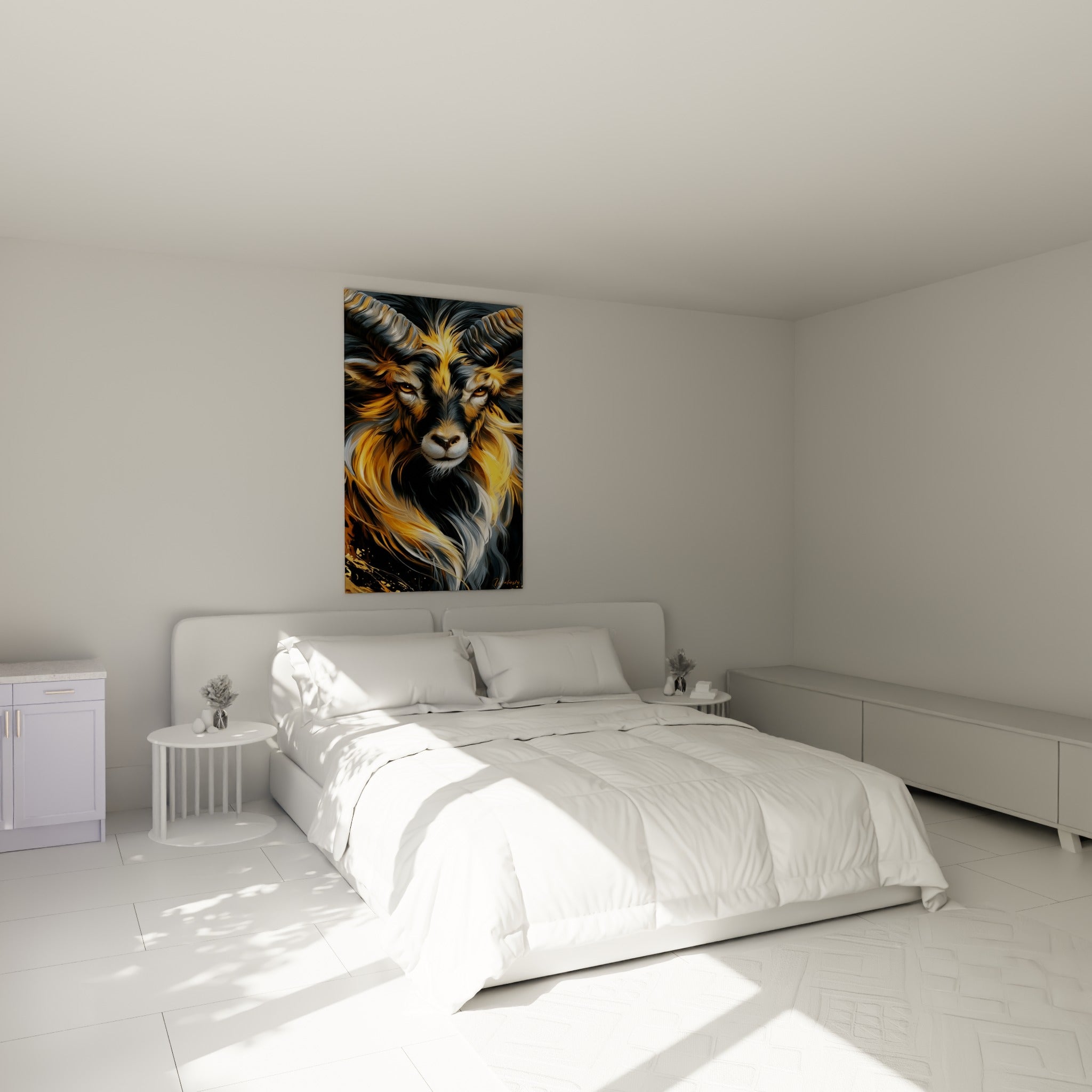Crinière dorée et blanche du Bélier suspendue au-dessus d'un lit dans une chambre claire