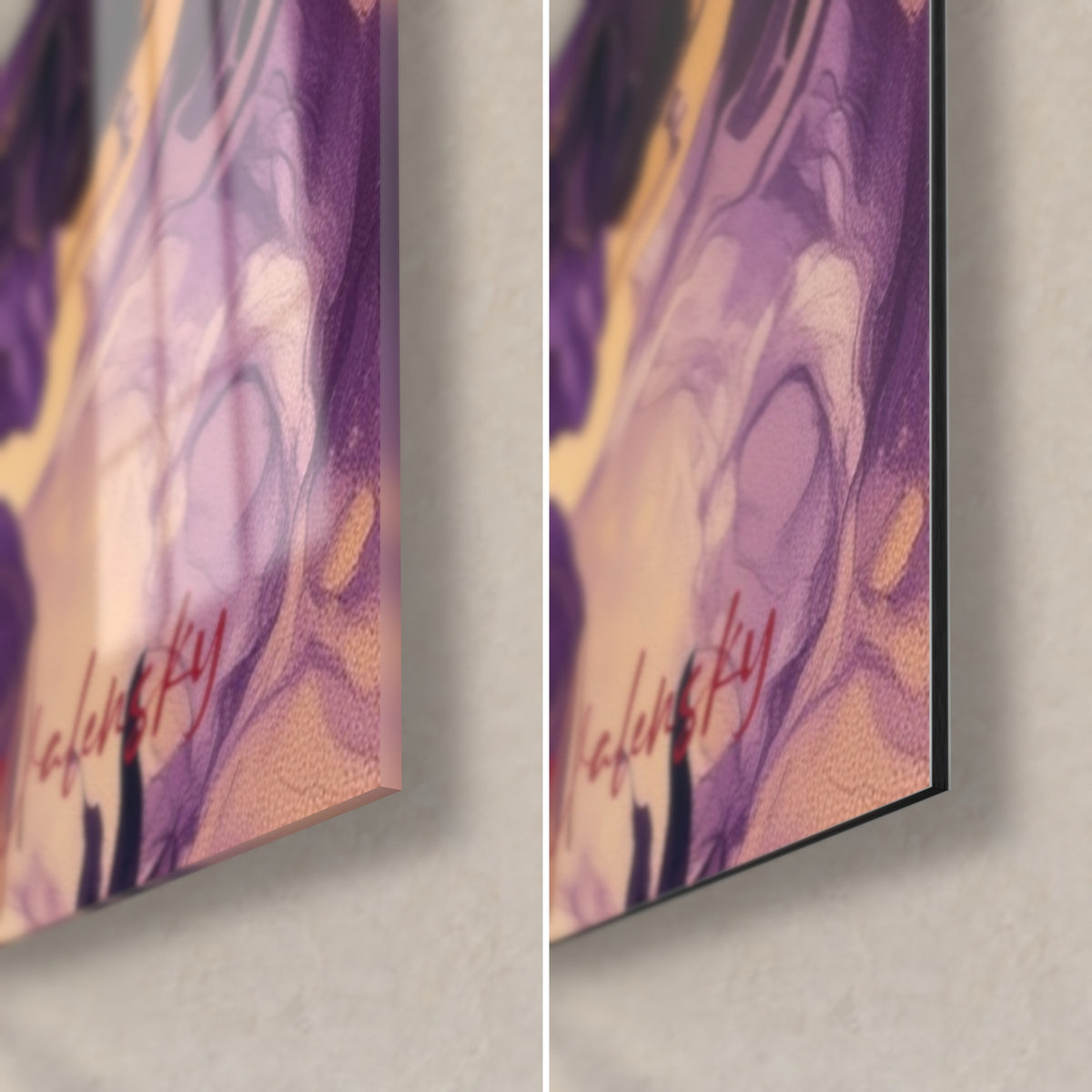 Quadro ariete viola e oro, angolo in basso a destra: vetro acrilico lucido a sinistra, alluminio Dibond opaco a destra, spessore di 3 mm visibile