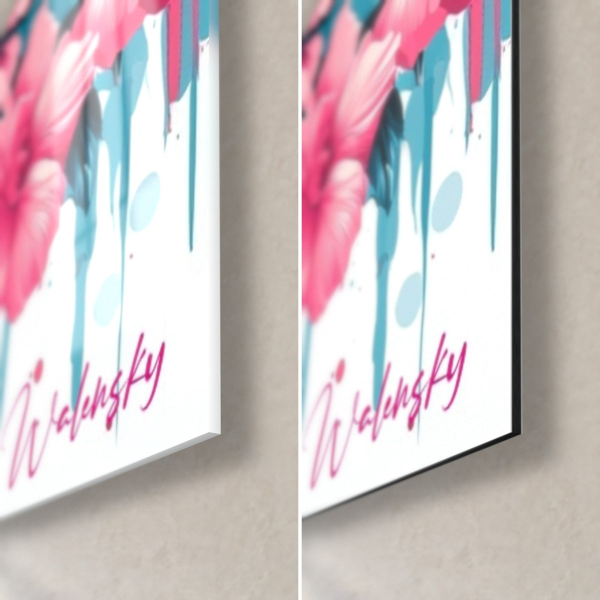 Tableau bélier fleuri en rose et bleu, coin bas droit, signature fuchsia Walensky, verre brillant à gauche, Dibond mat à droite