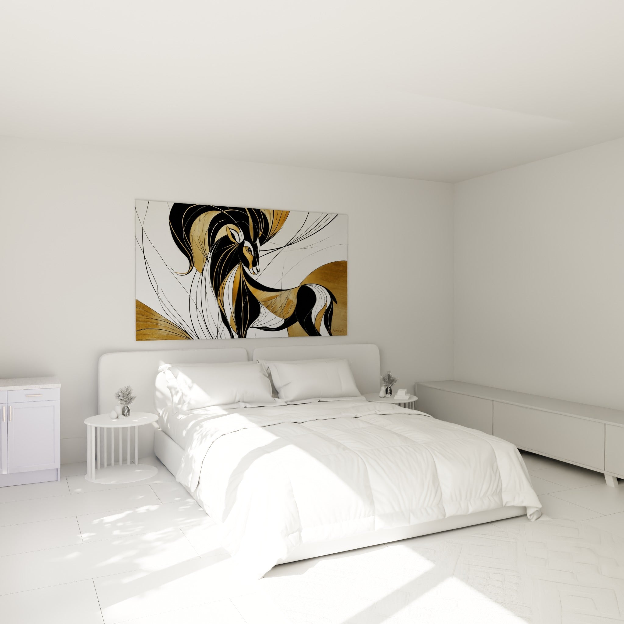 Silhouette de Bélier ocre et noir déployée au-dessus d'un lit dans une chambre claire