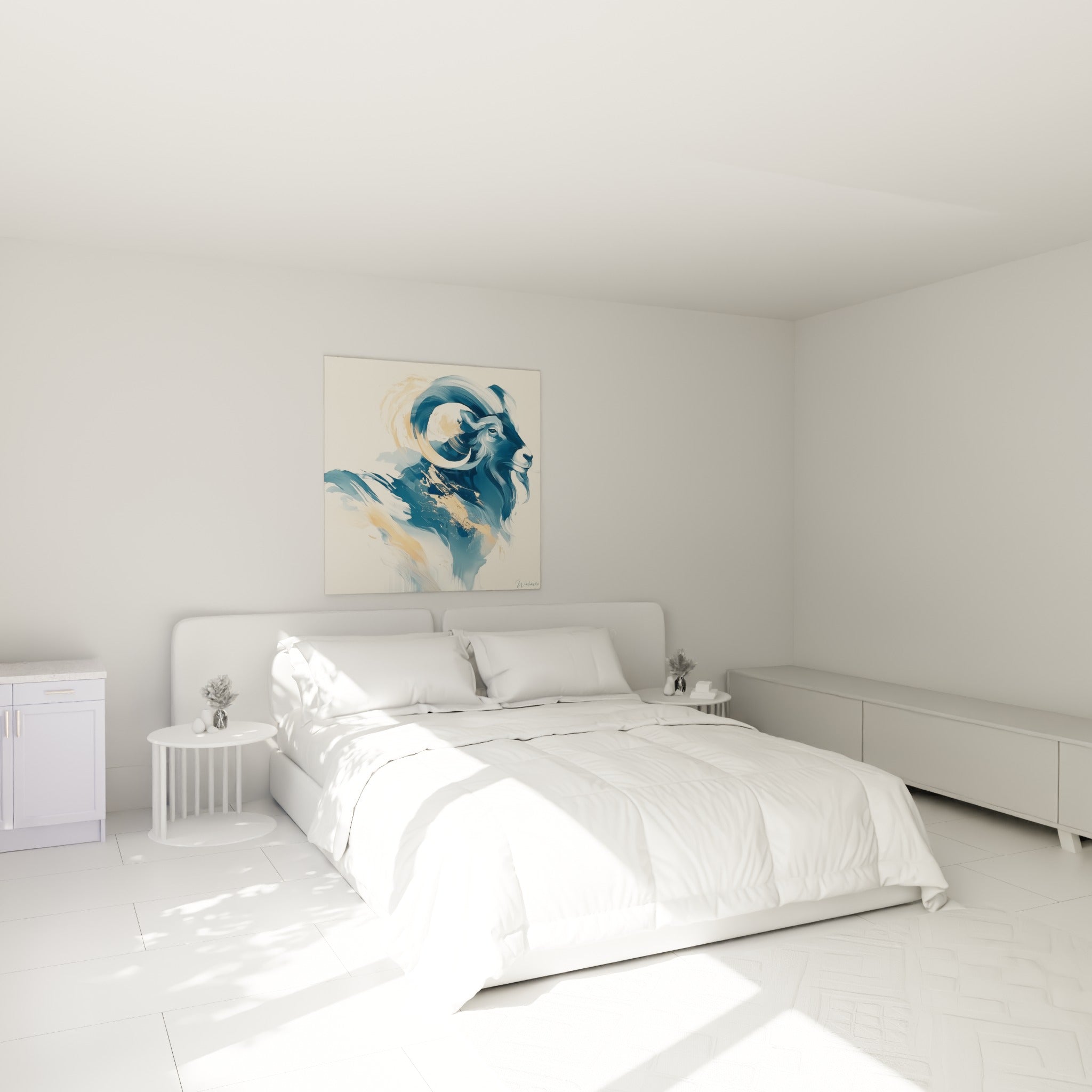 Silhouette de bélier bleu marine et doré accrochée au-dessus d'un lit dans une chambre claire