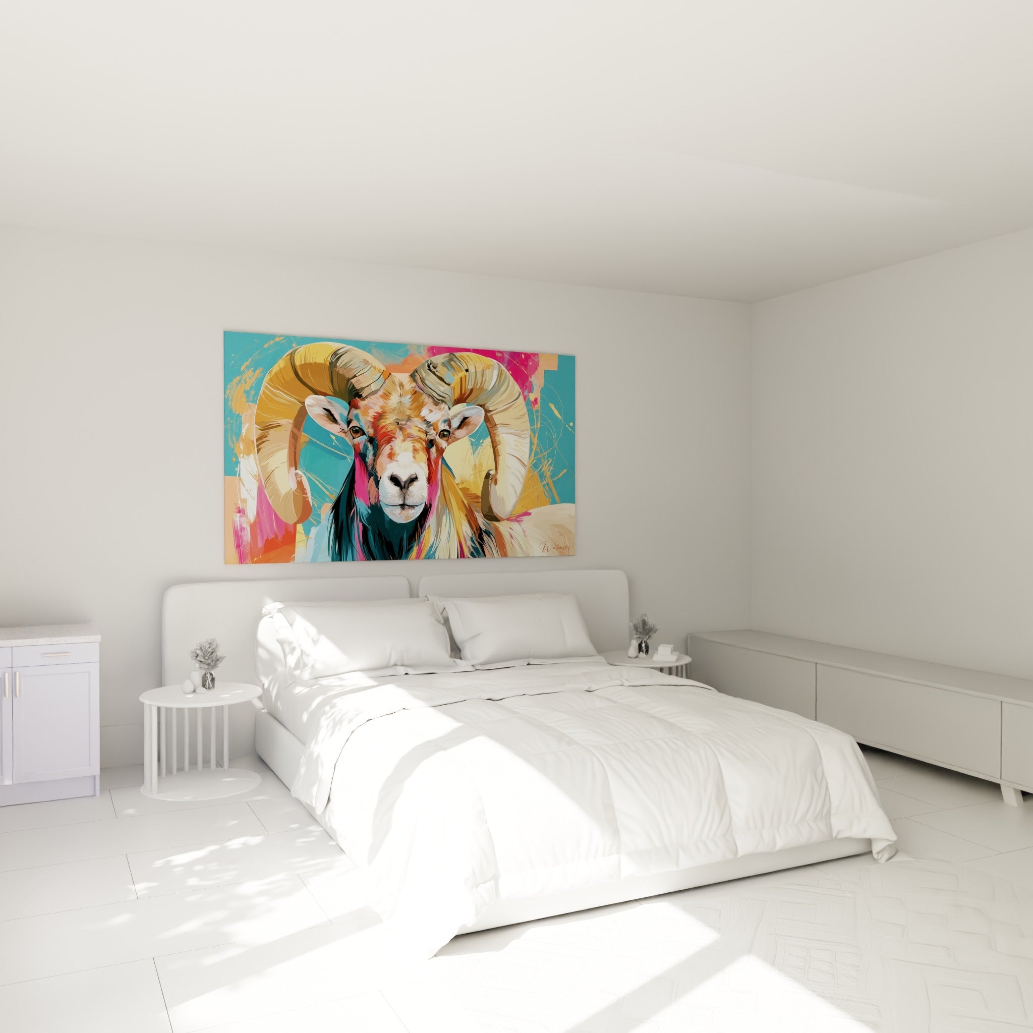 Cornes majestueuses beige et brun du Bélier accrochées au-dessus d'un lit dans une chambre claire