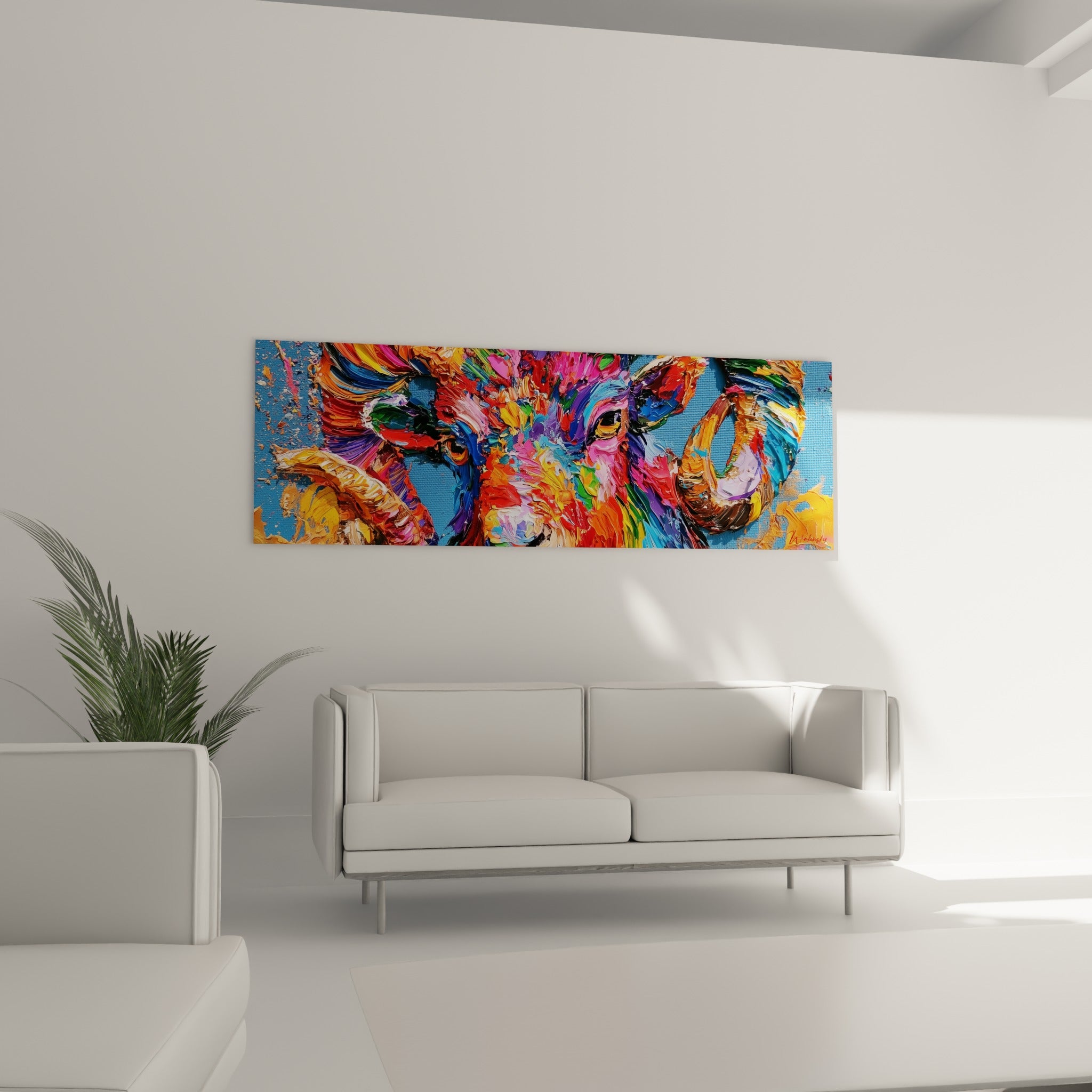 Pelage multicolore rose, orange et vert du Bélier, suspendu au-dessus d'un canapé dans un salon lumineux