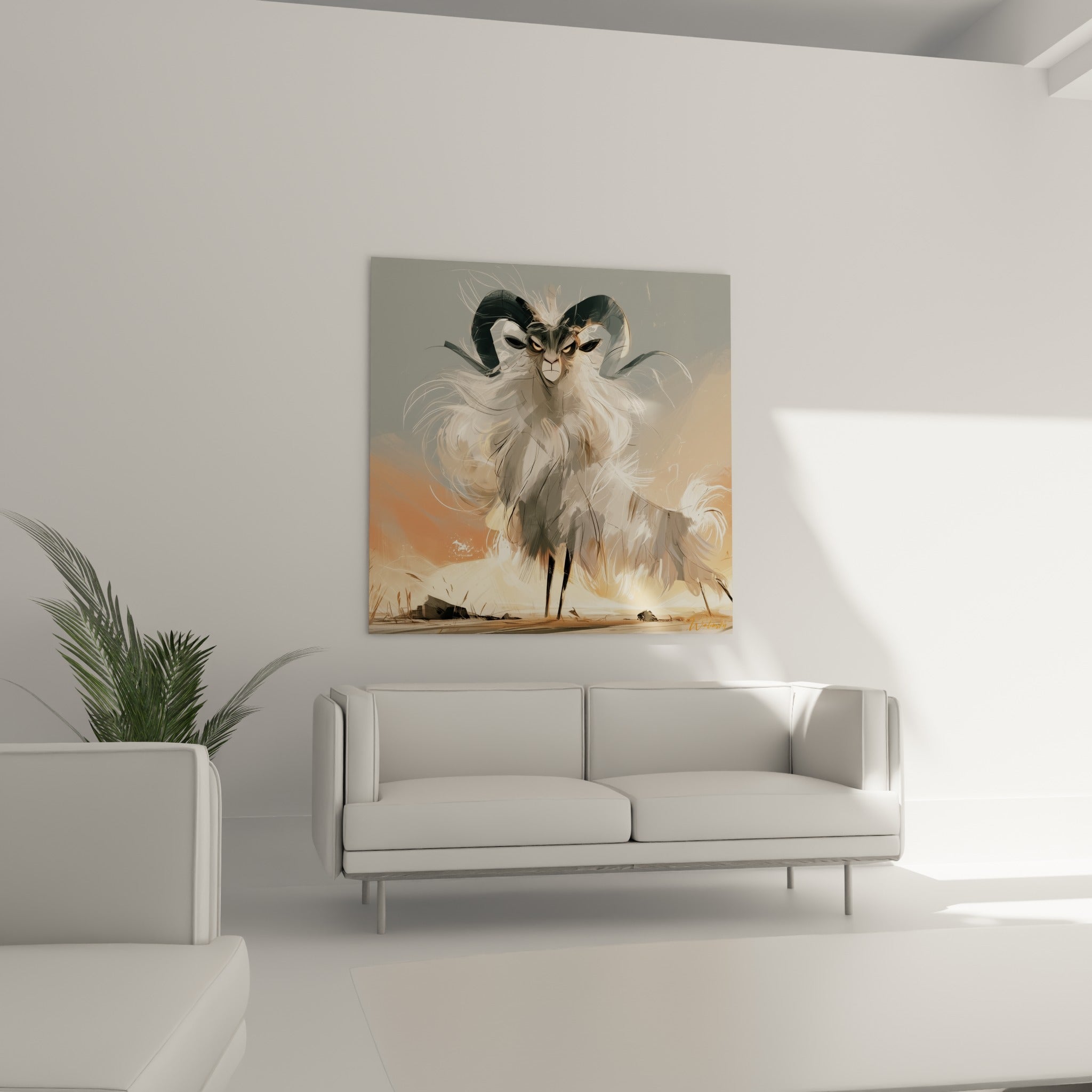 Silhouette du Bélier fauve et ocre accrochée au-dessus d'un canapé dans un salon lumineux