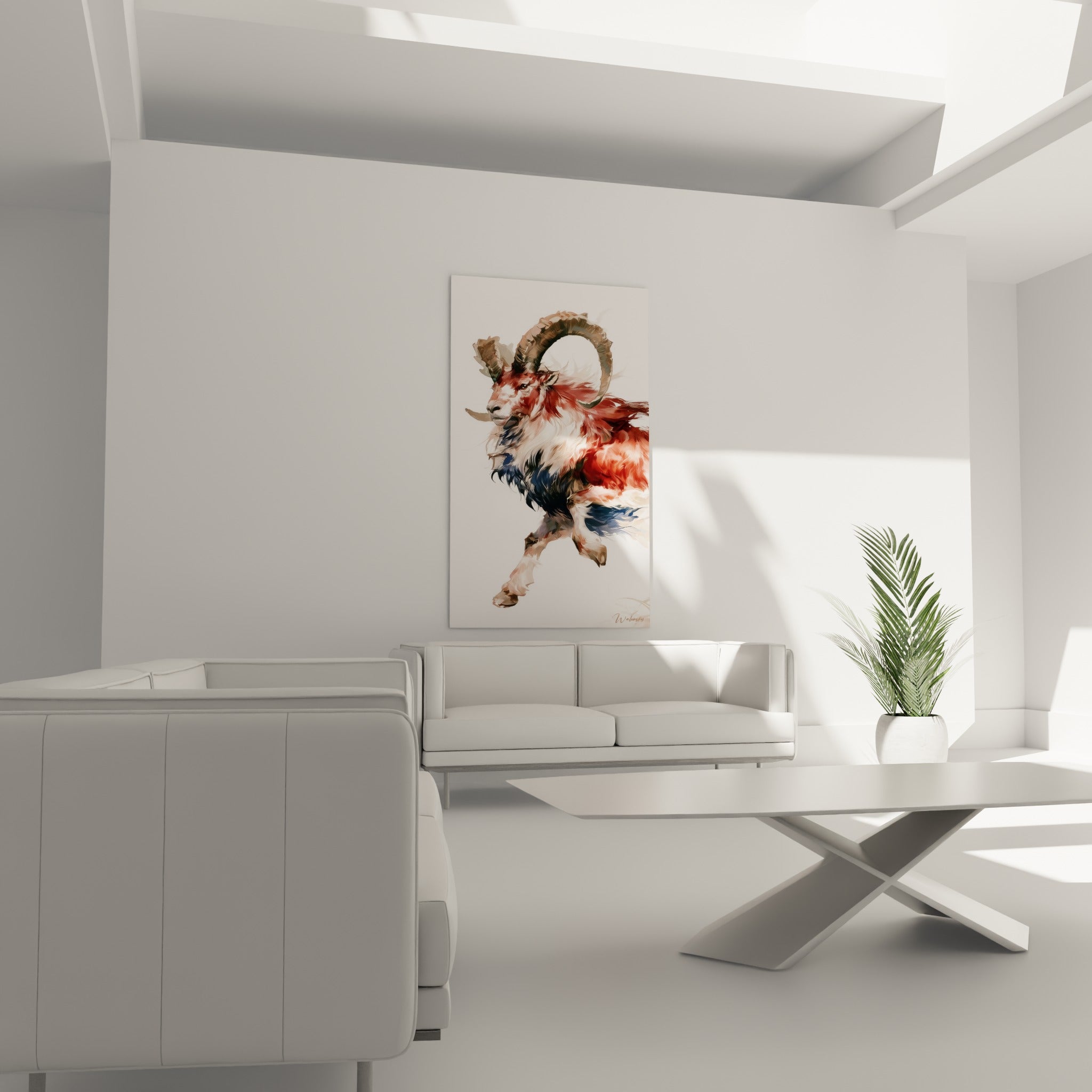 Silhouette animale fauve et bordeaux lancée en avant, au-dessus d'un canapé dans un salon lumineux