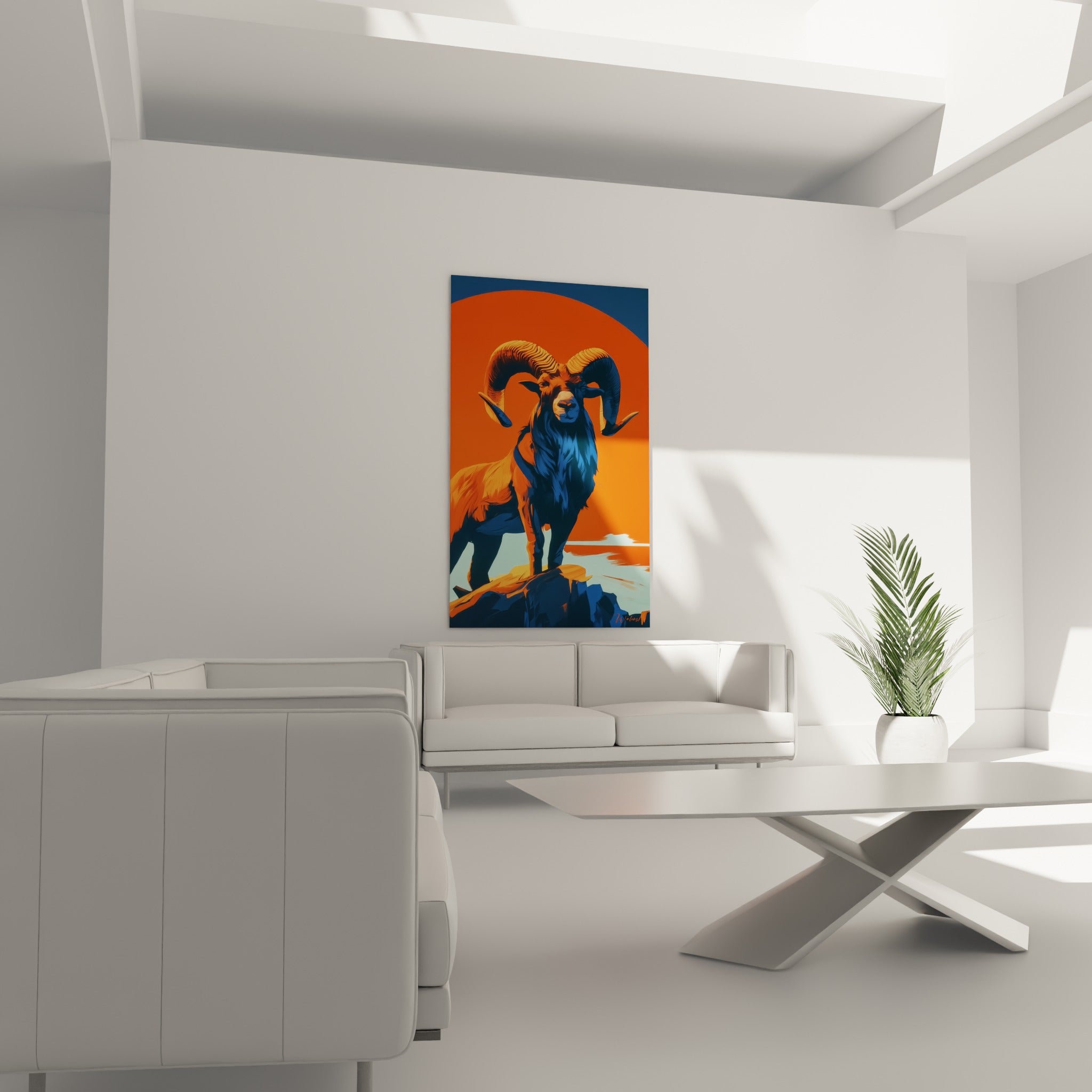 Cornes dorées et robe bleu marine du bélier accrochées au-dessus d'un canapé dans un salon lumineux