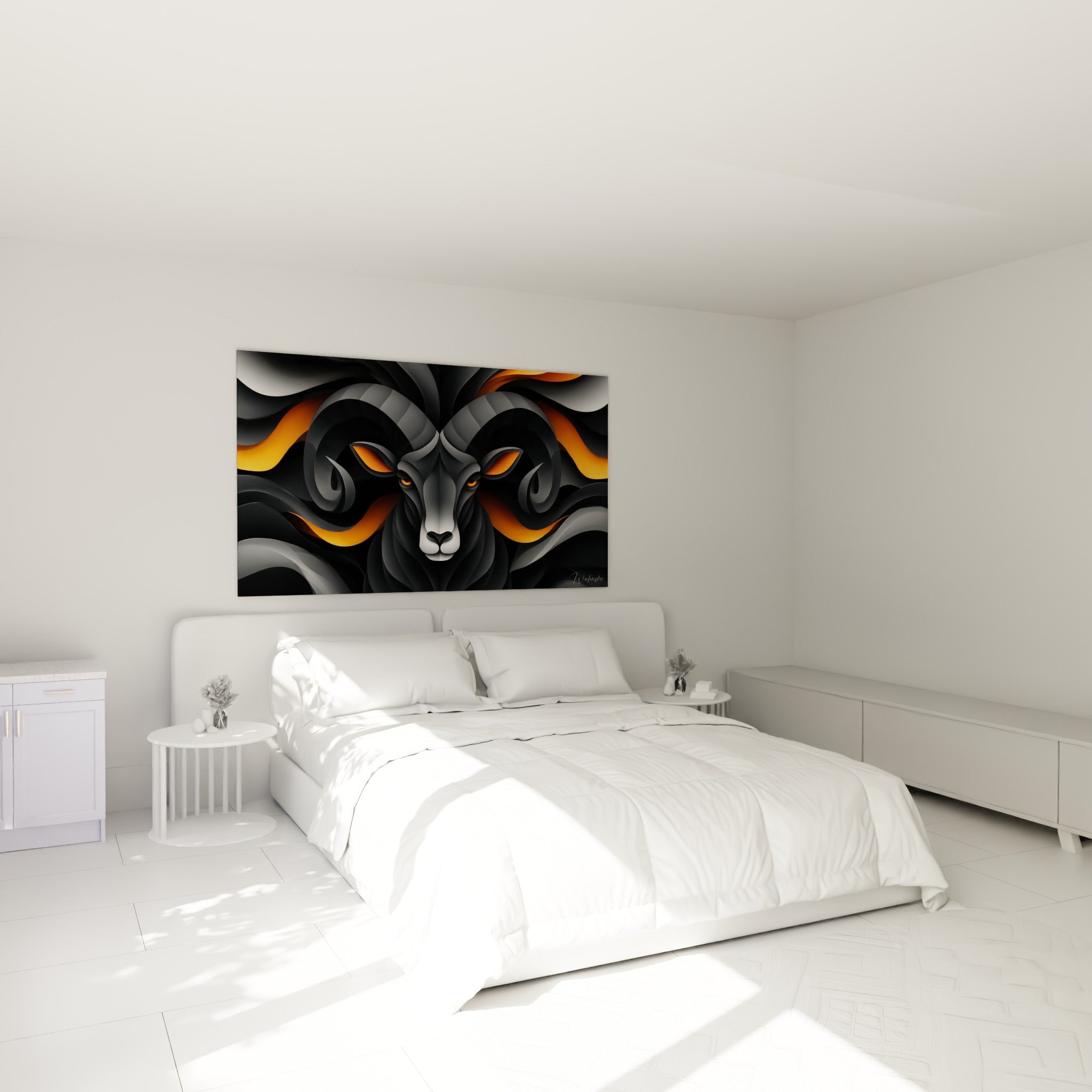 Cornes graphiques anthracite et flammes orange du Bélier au-dessus d'un lit dans une chambre claire