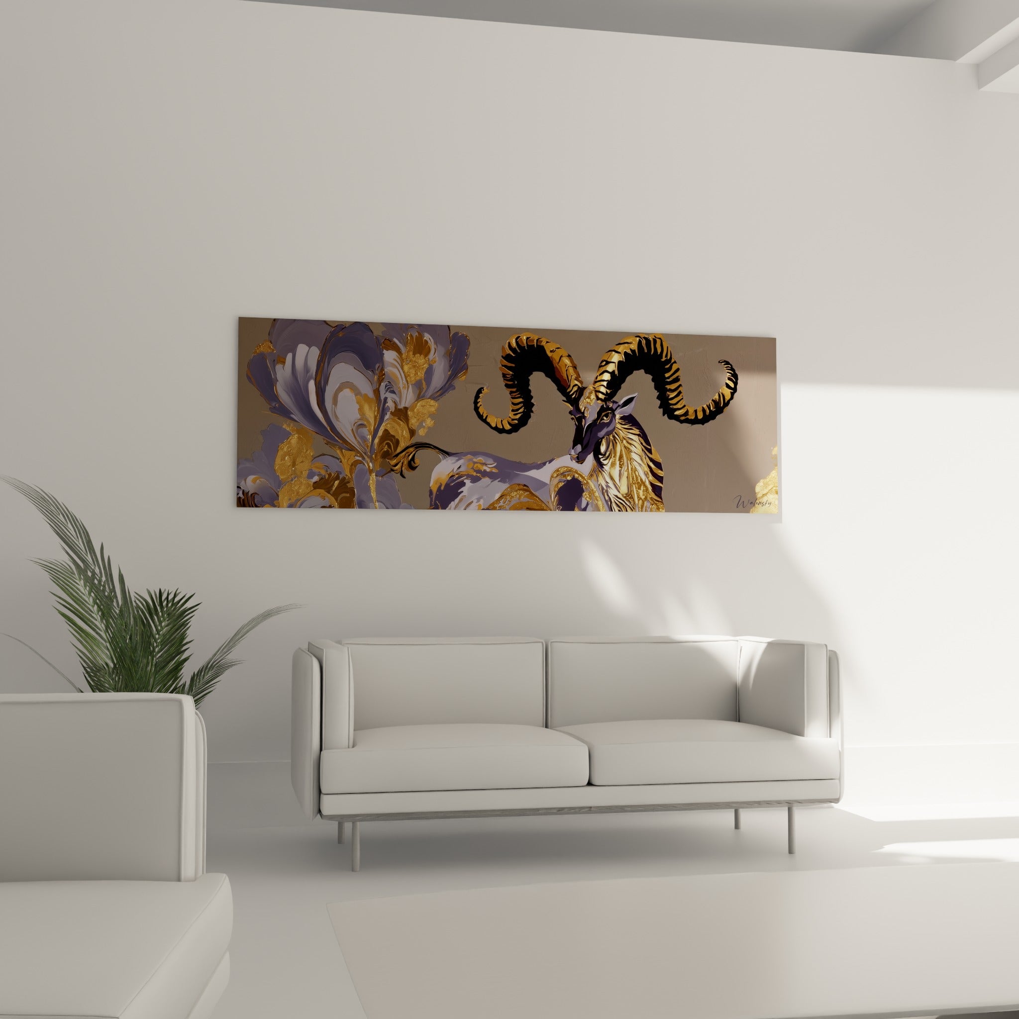 Silhouette du Bélier mauve et doré accompagnée d'une fleur ocre, au-dessus d'un canapé dans un salon lumineux