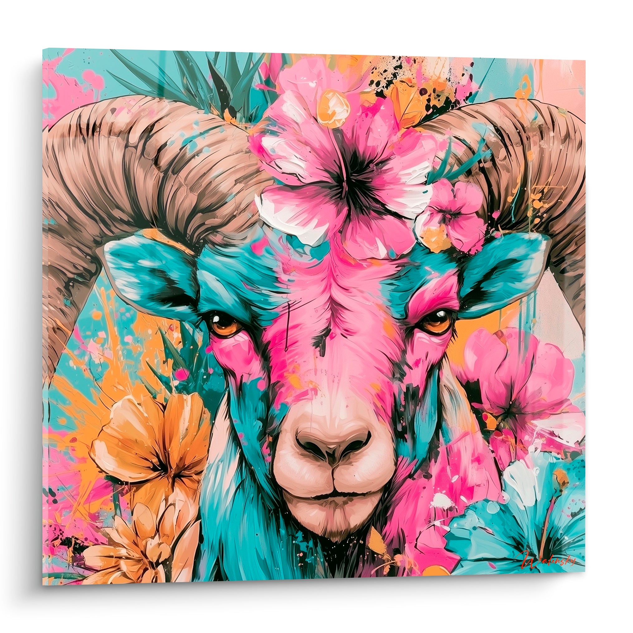 Bélier peint en rose vif et turquoise, cornes beiges, couronné de fleurs roses et dorées éclatantes