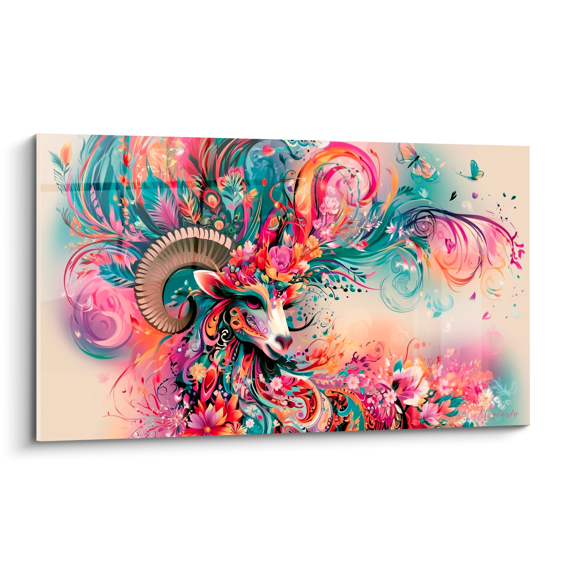 Bélier orné de fleurs corail et volutes turquoise, cornes enroulées, style illustratif coloré