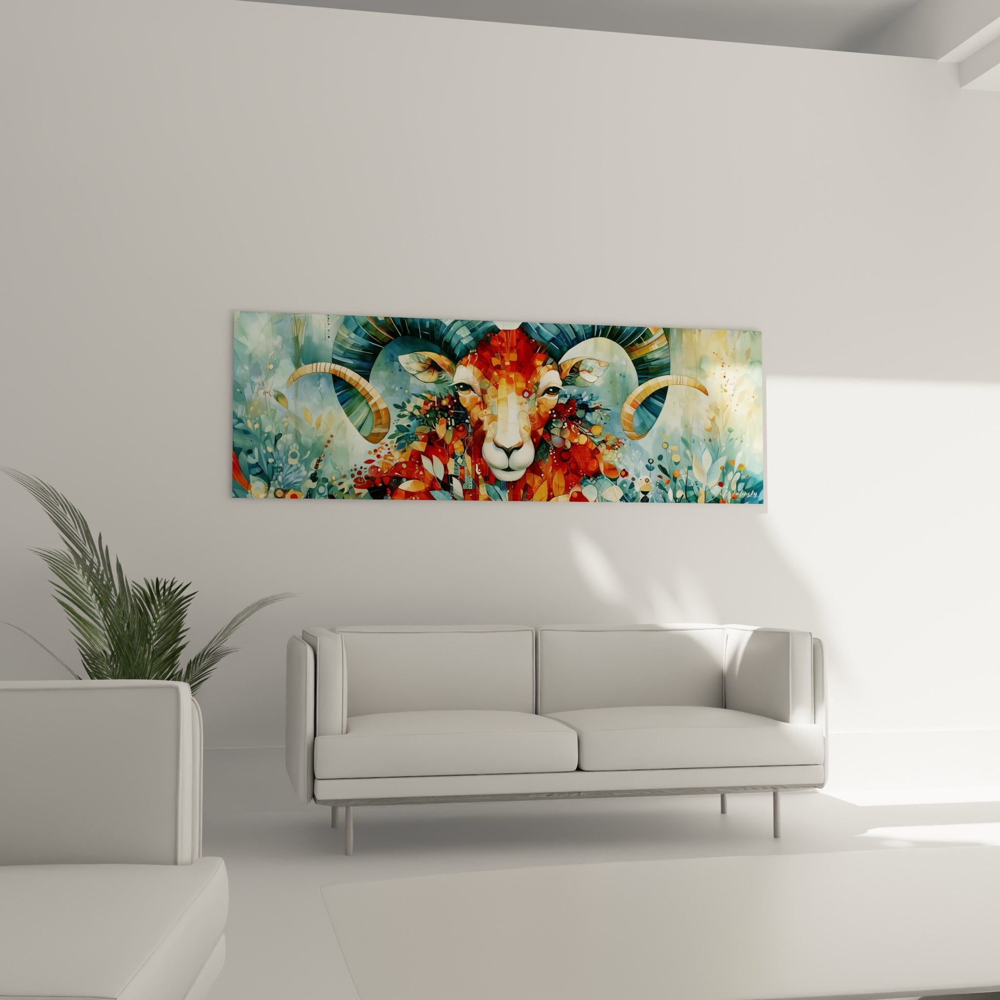 Motifs floraux bleu sarcelle et terracotta du Bélier au-dessus d'un canapé dans un salon lumineux