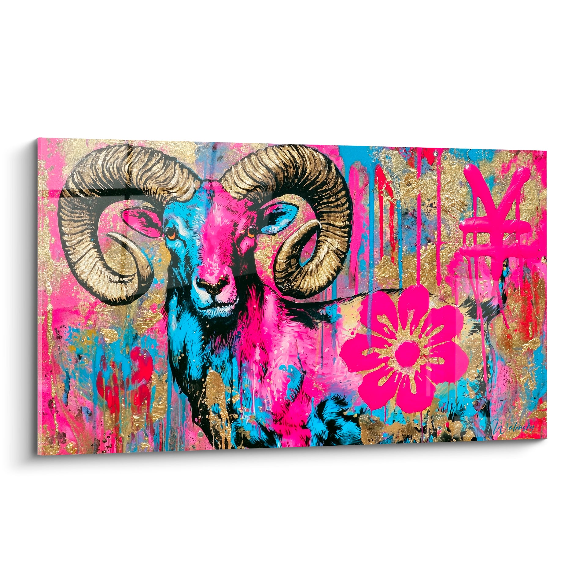 Bélier fuchsia et doré aux cornes spiralées, fond graffiti bleu et rose éclaboussé