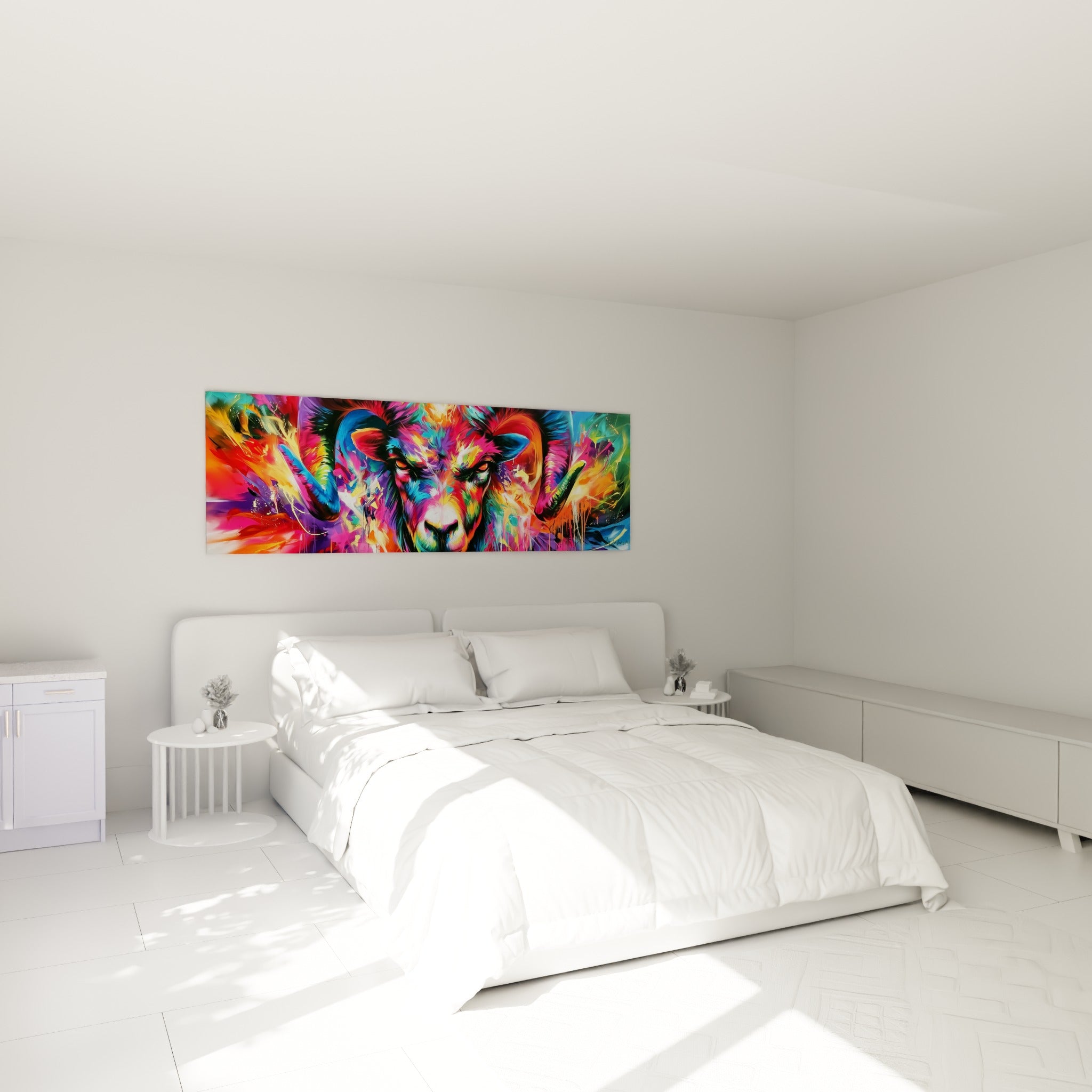 Face intense d'un Bélier orange et turquoise accrochée au-dessus d'un lit dans une chambre claire