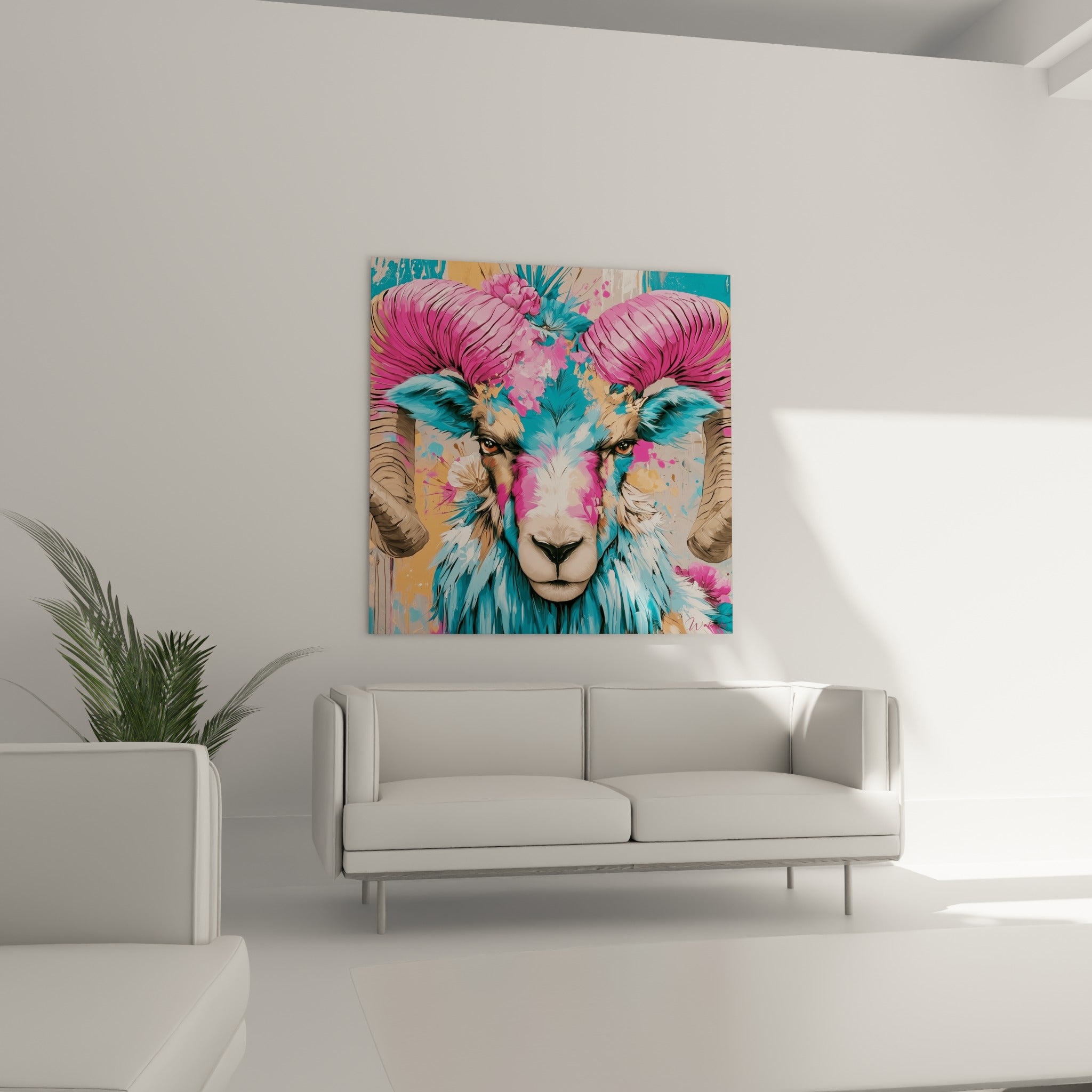 Face intense du Bélier mêlant rose fuchsia et bleu pastel, suspendue au-dessus d'un canapé dans un salon lumineux