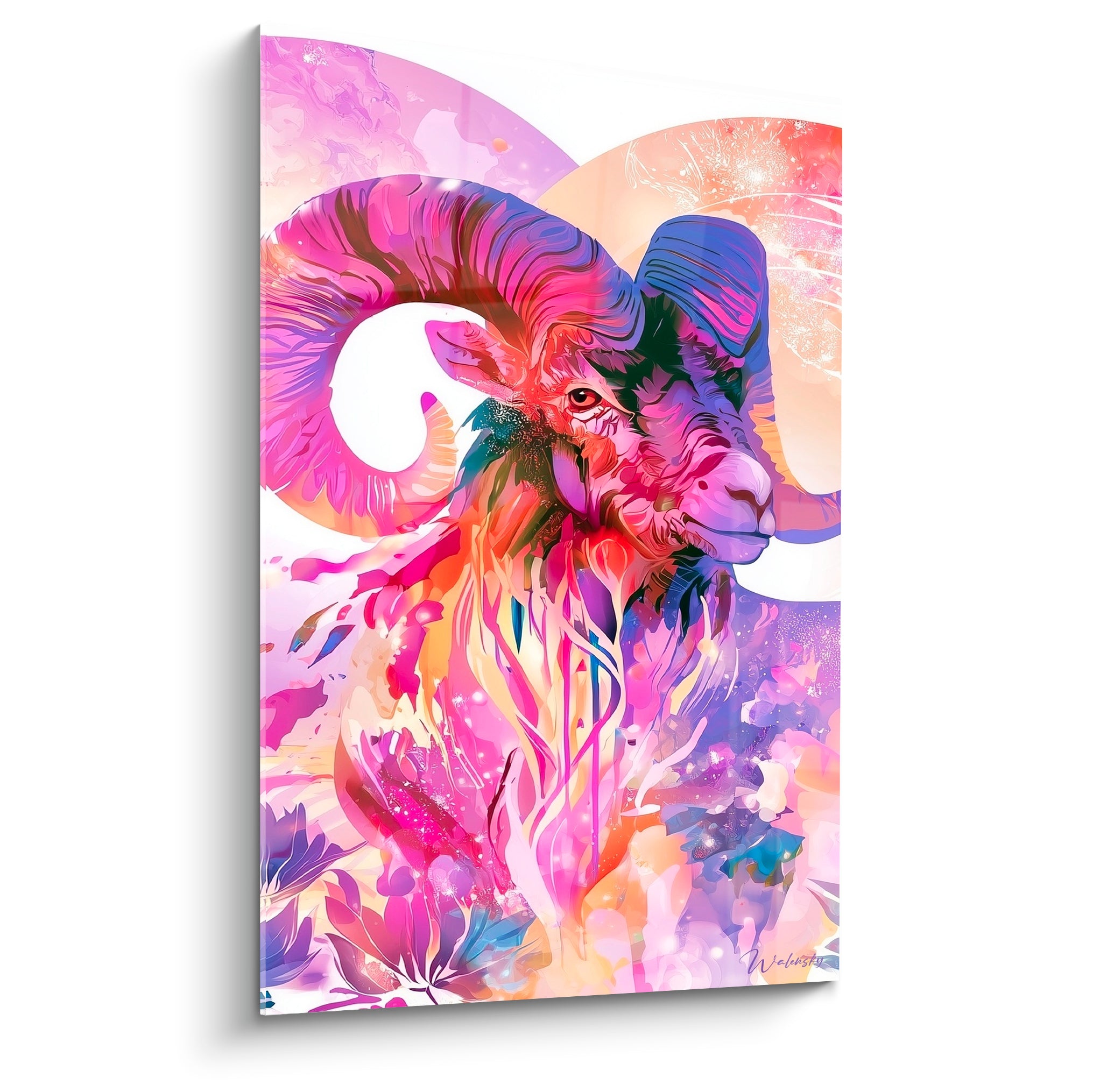 Bélier fuchsia et violet aux cornes spiralées, regard ambré, traitement pictural cosmique éclatant