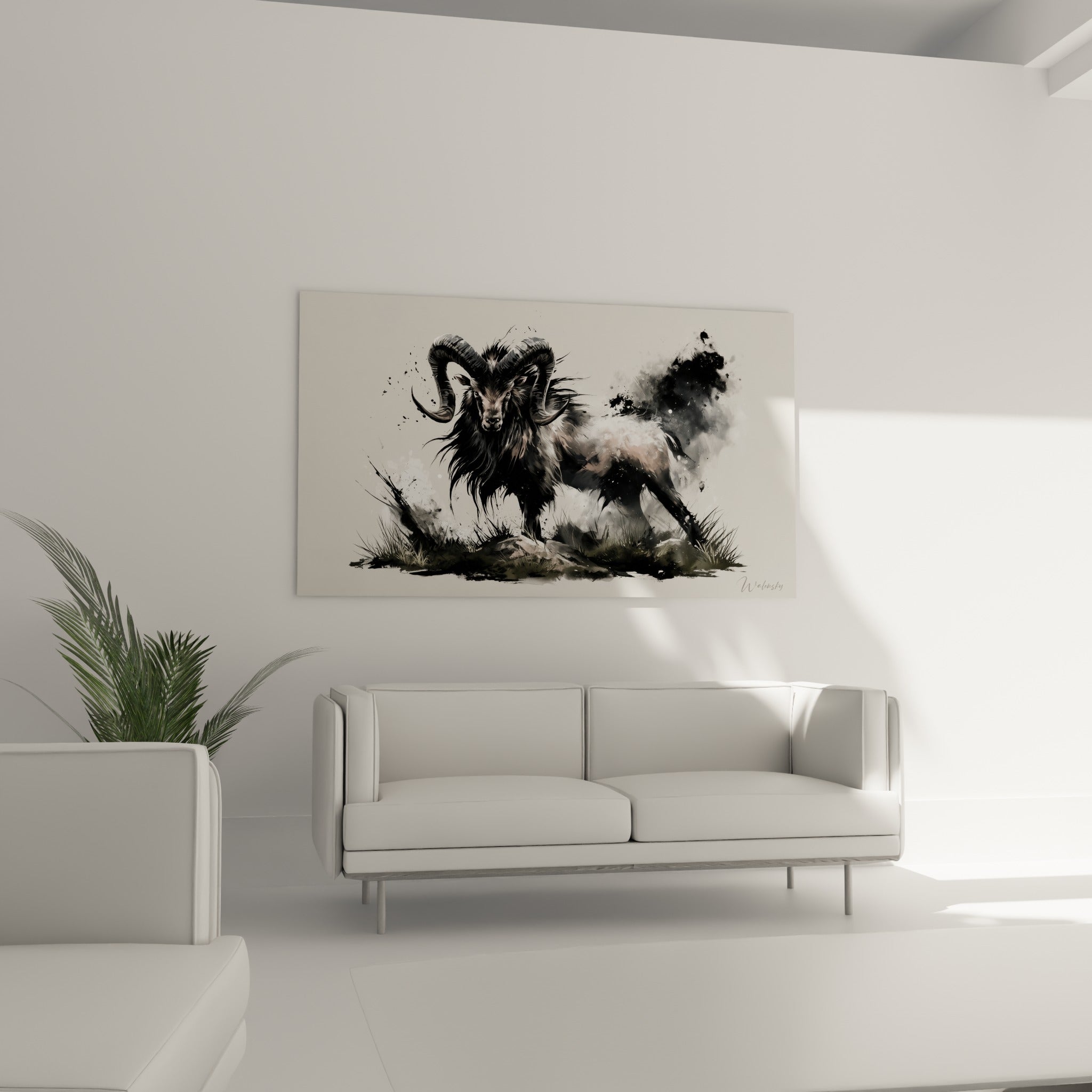 Silhouette anthracite du Bélier, arrière-train en fumée beige rosé, au-dessus d'un canapé dans un salon lumineux