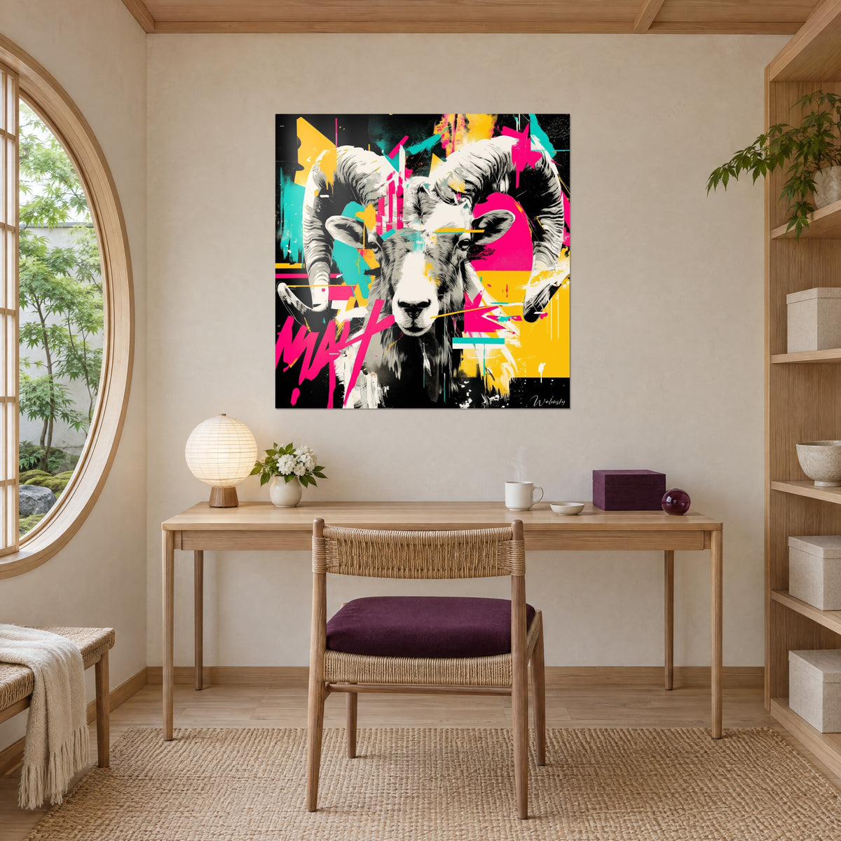Tableau ovin cornu en noir et blanc, coulures jaune vif et touches turquoise, face à un bureau en bois clair