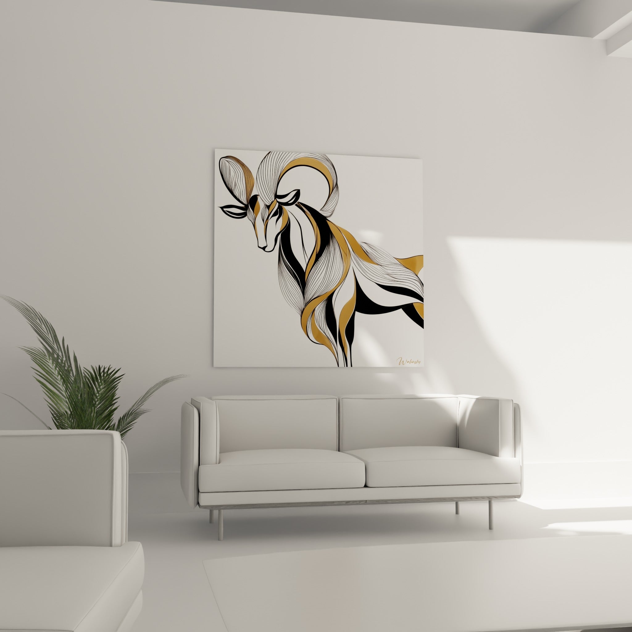 Illustration graphique de bélier or et noir, disposée au-dessus d'un canapé dans un salon lumineux