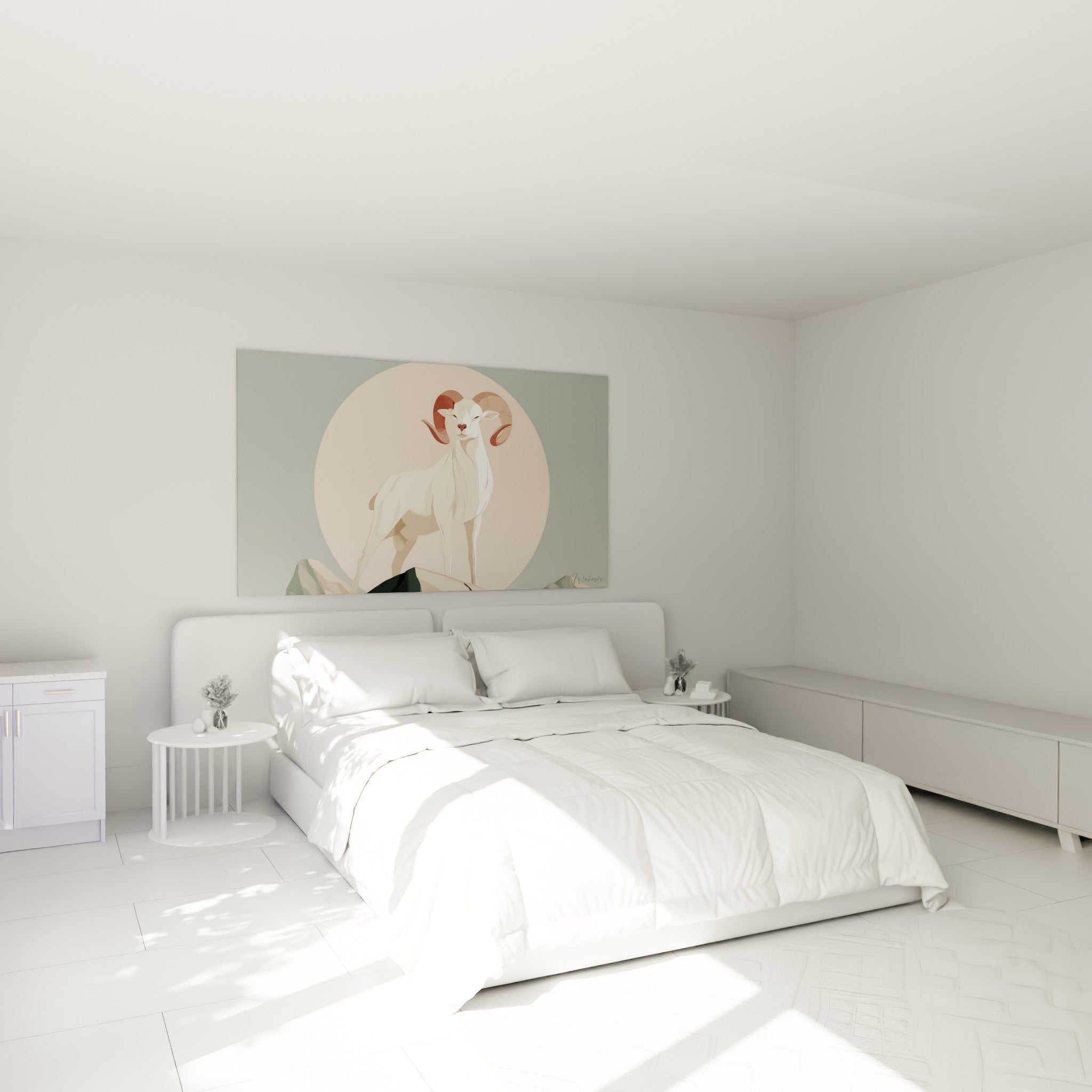 Silhouette de Bélier ivoire et terracotta accrochée au-dessus d'un lit dans une chambre claire