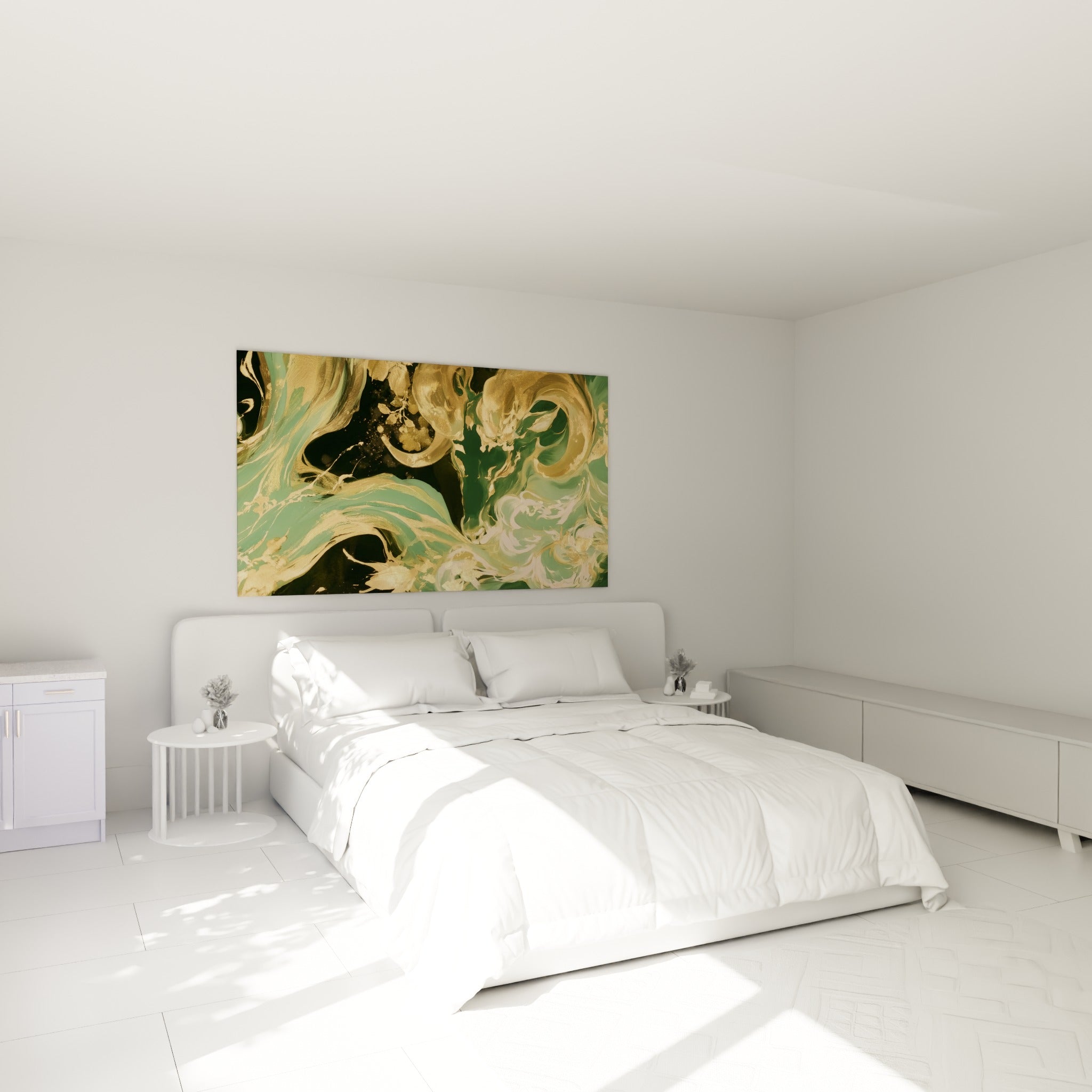 Silhouette de Bélier doré et vert sauge accrochée au-dessus d'un lit dans une chambre claire