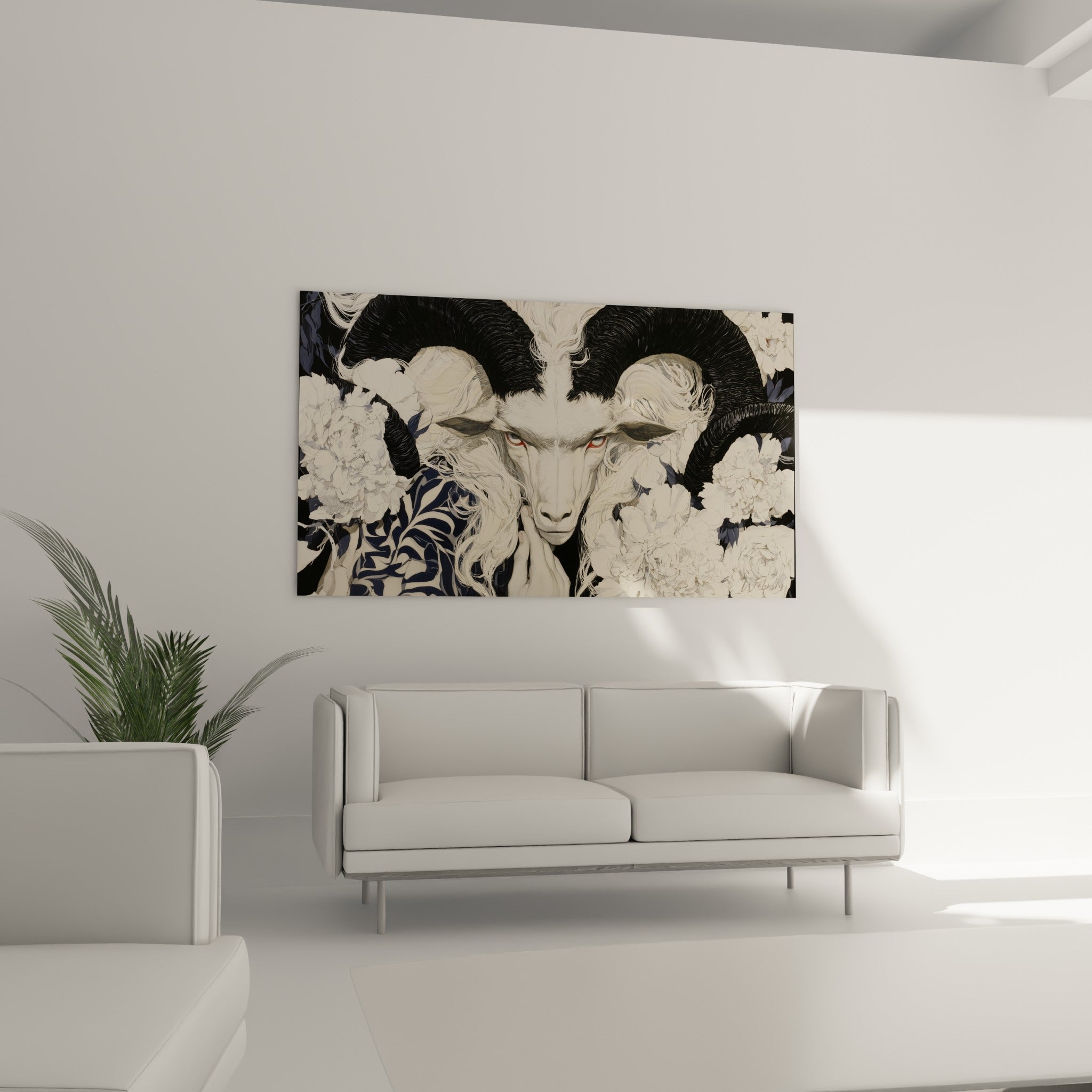 Visage cornu ivoire aux yeux ambrés cerné de fleurs blanches, au-dessus d'un canapé dans un salon lumineux