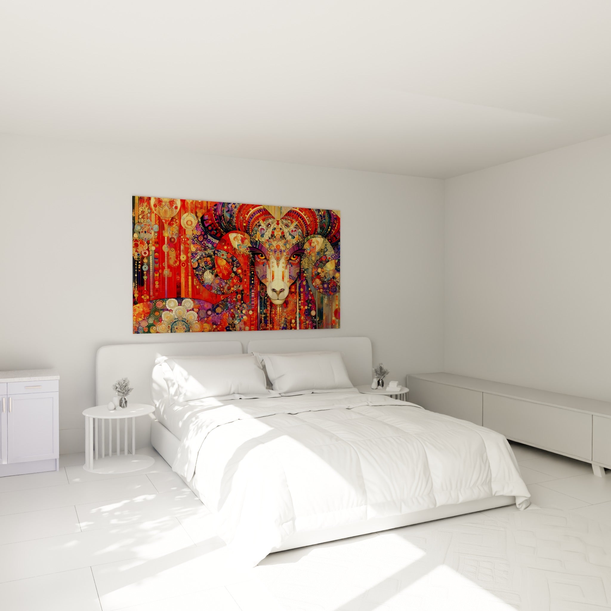 Cornes recourbées ornées de rouge et violet du Bélier au-dessus d'un lit dans une chambre claire
