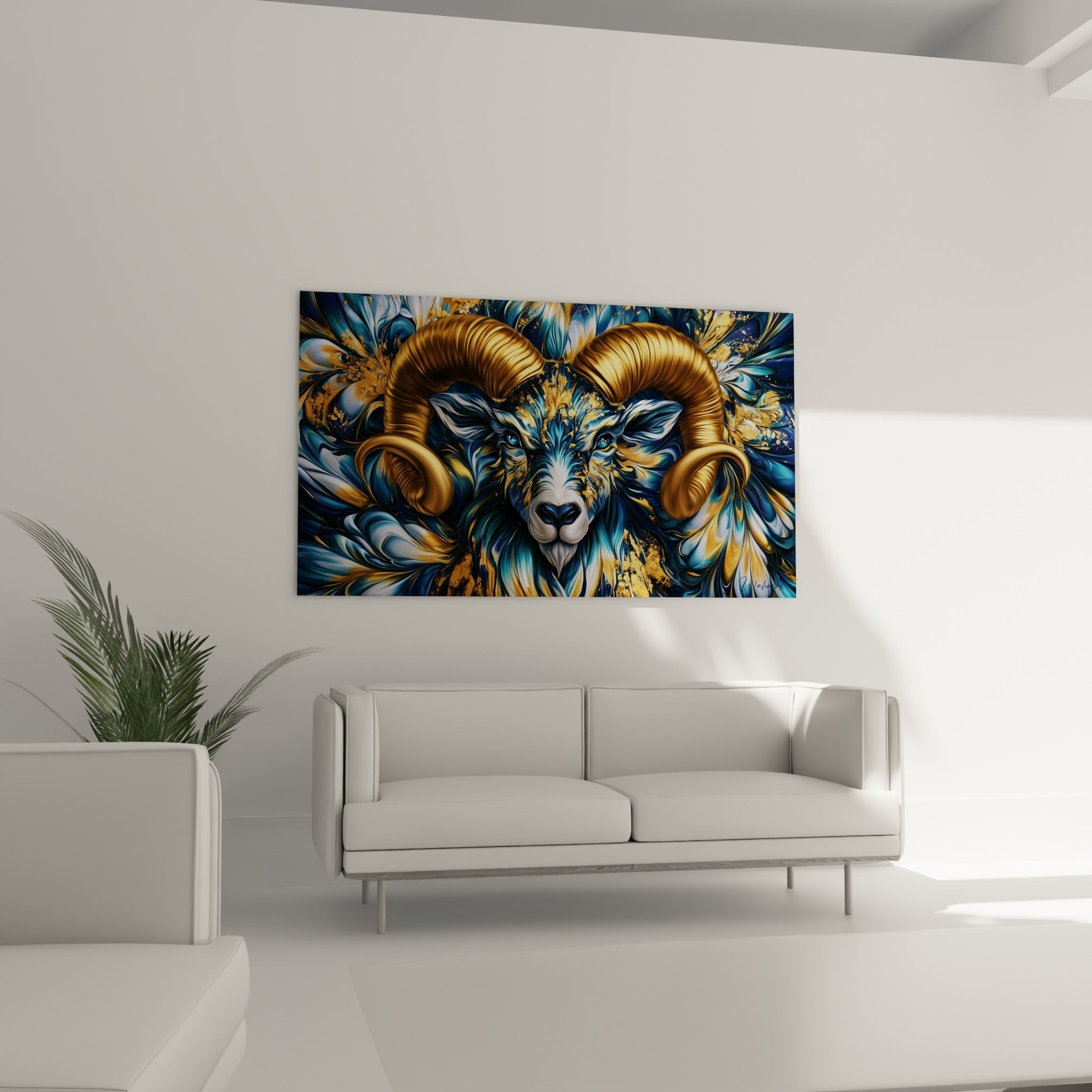 Visage du Bélier ocre et doré aux motifs bleu marine, disposé au-dessus d'un canapé dans un salon lumineux