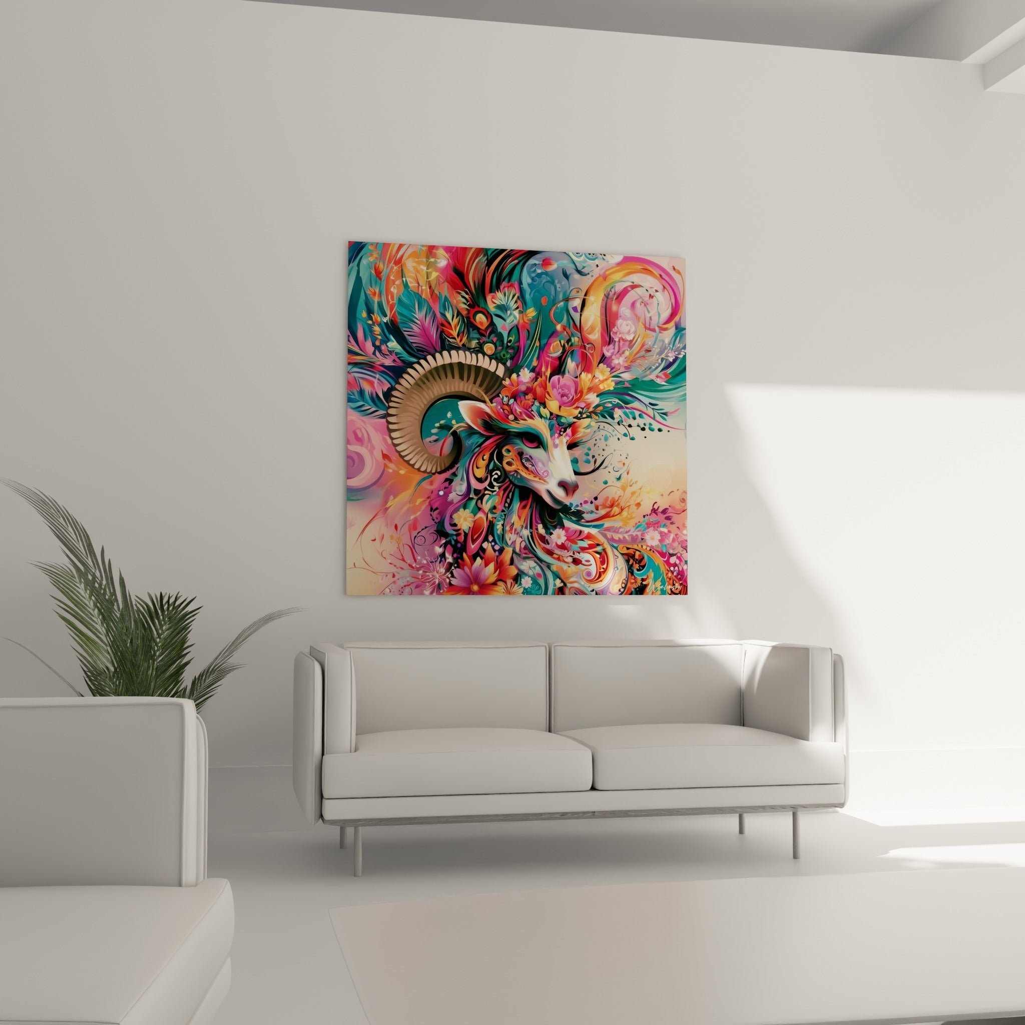 Motifs turquoise et fuchsia entourent ce Bélier floral, au-dessus d'un canapé dans un salon lumineux