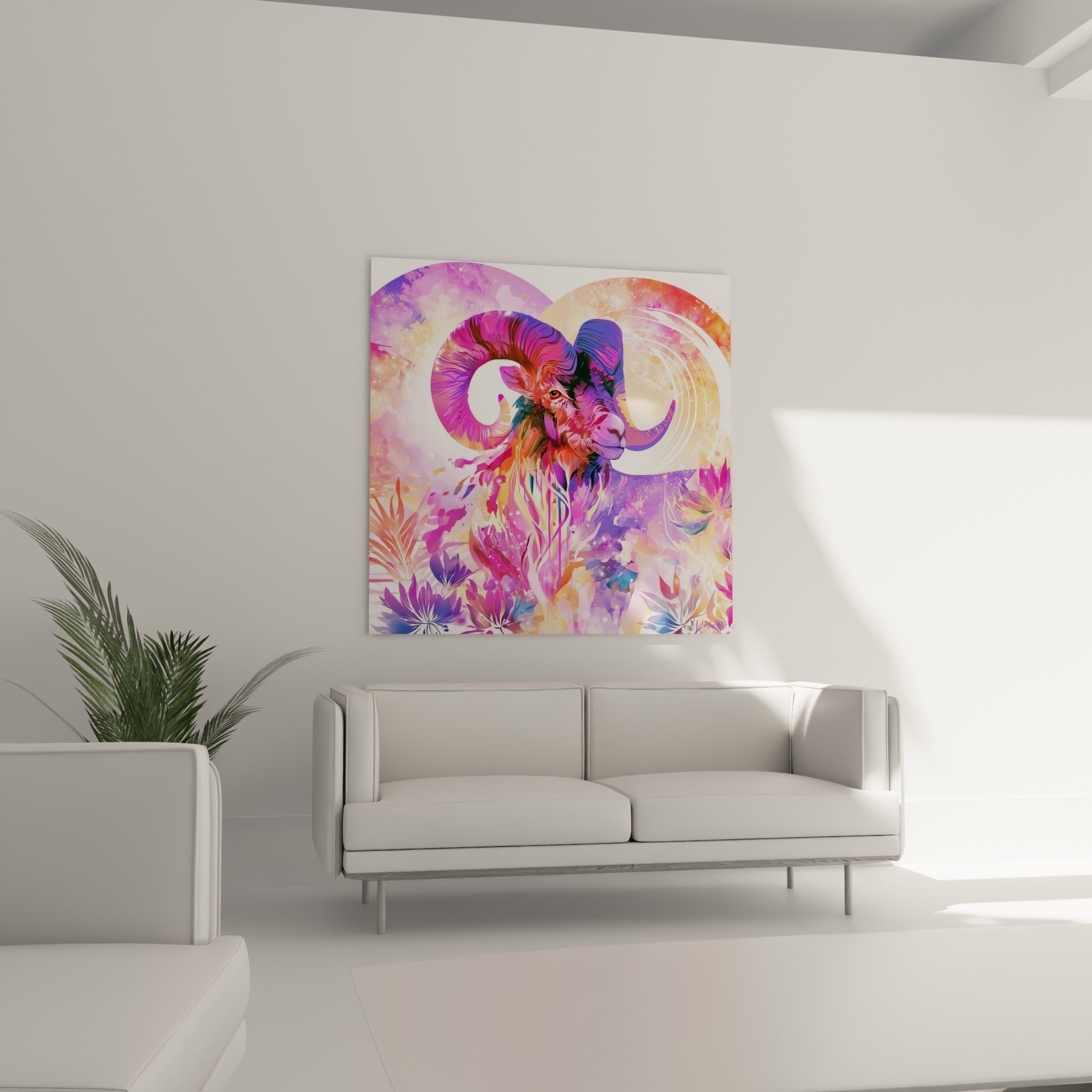 Museau sombre du bélier contrastant avec les tons dorés et roses, au-dessus d'un canapé dans un salon lumineux