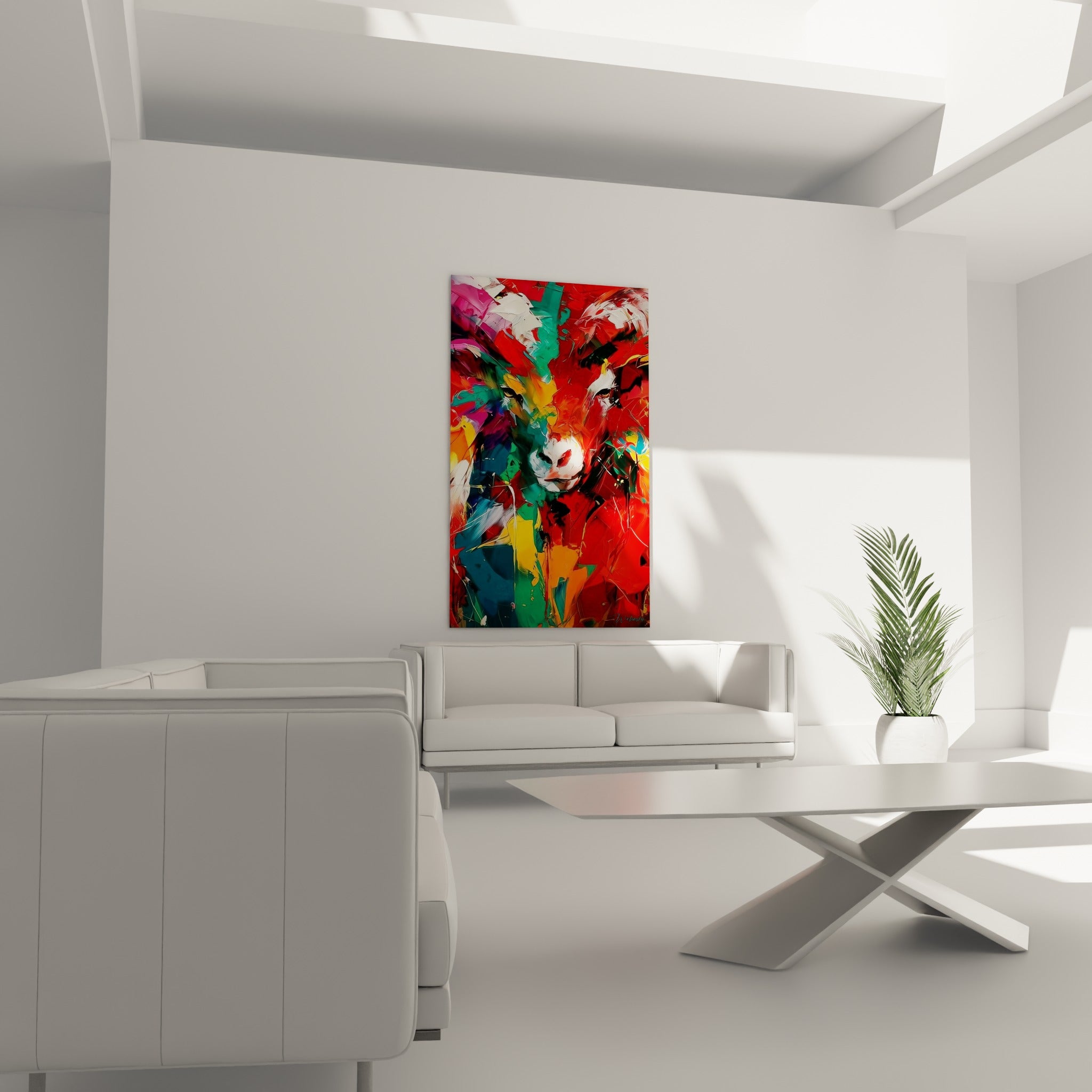 Museau blanc et fond rouge éclatant du Bélier positionnés au-dessus d'un canapé dans un salon lumineux