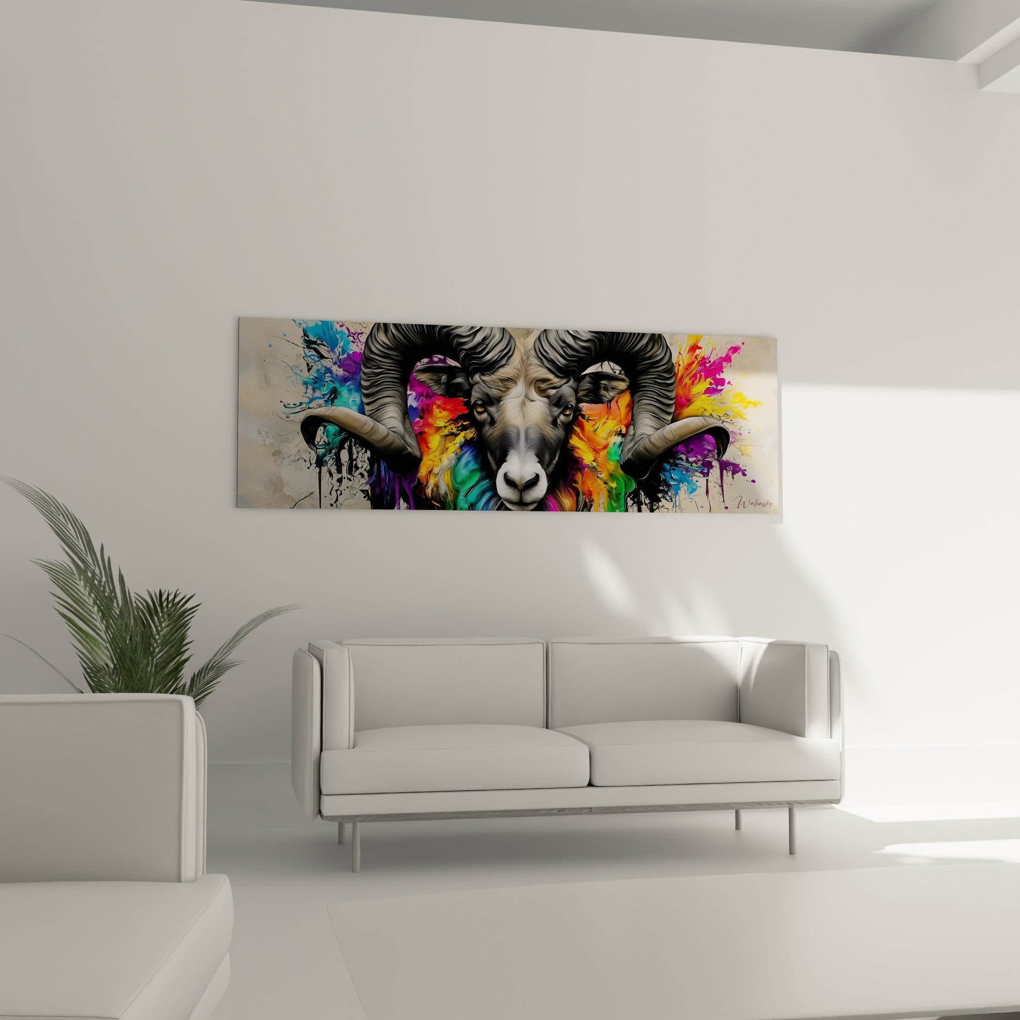 Museau blanc et pelage gris du bélier jailli de peinture jaune et violette, au-dessus d'un canapé dans un salon lumineux