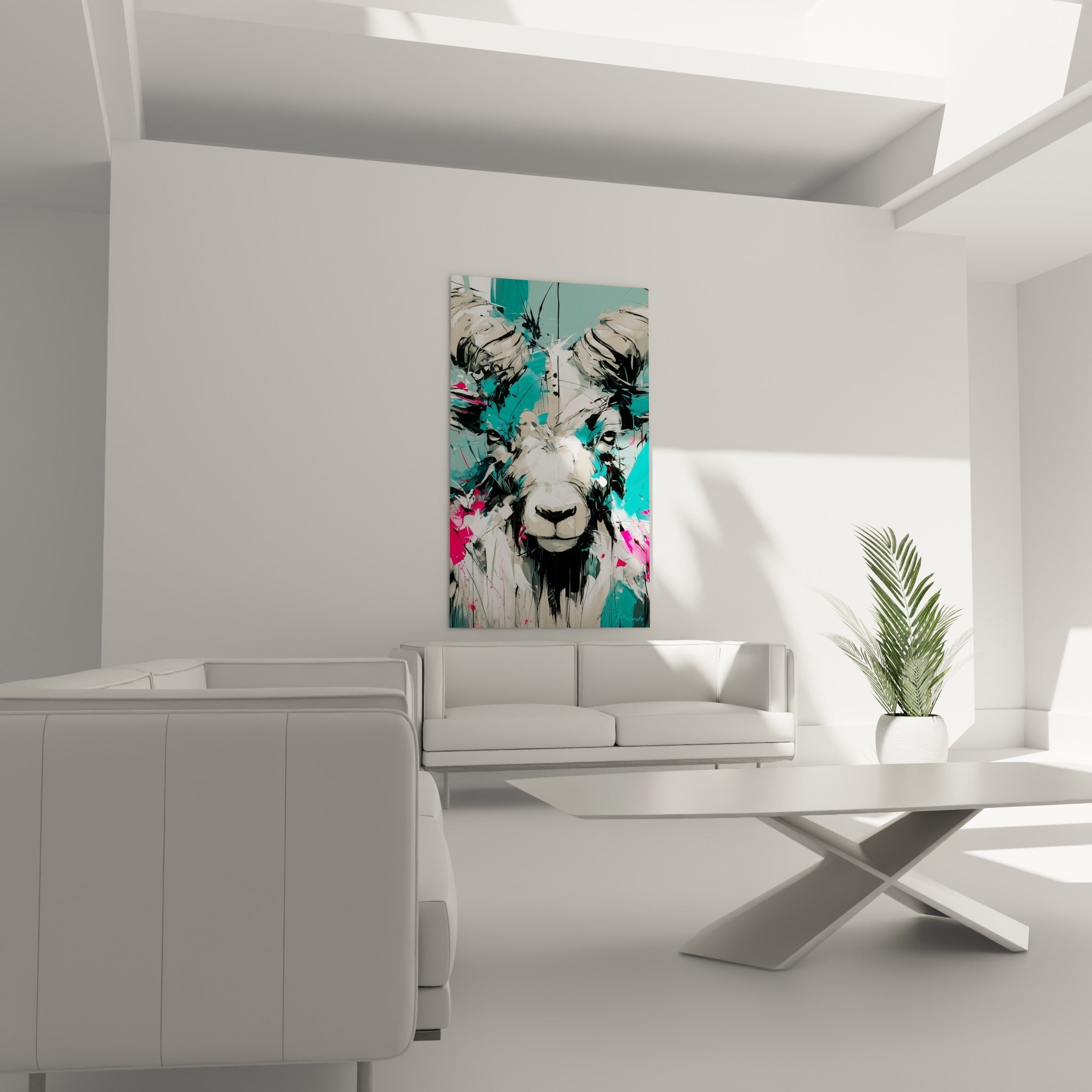 Museau blanc du Bélier cerné de noir et de turquoise, suspendu au-dessus d'un canapé dans un salon lumineux