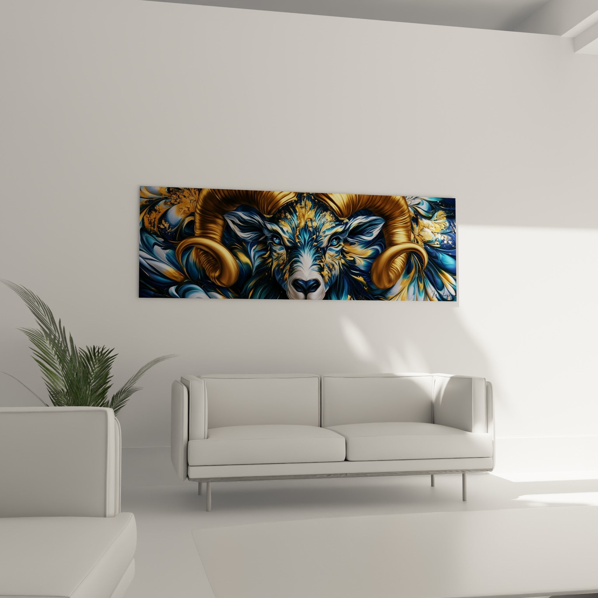 Regard bleu glacé et museau blanc du Bélier ocre et marine, au-dessus d'un canapé dans un salon lumineux