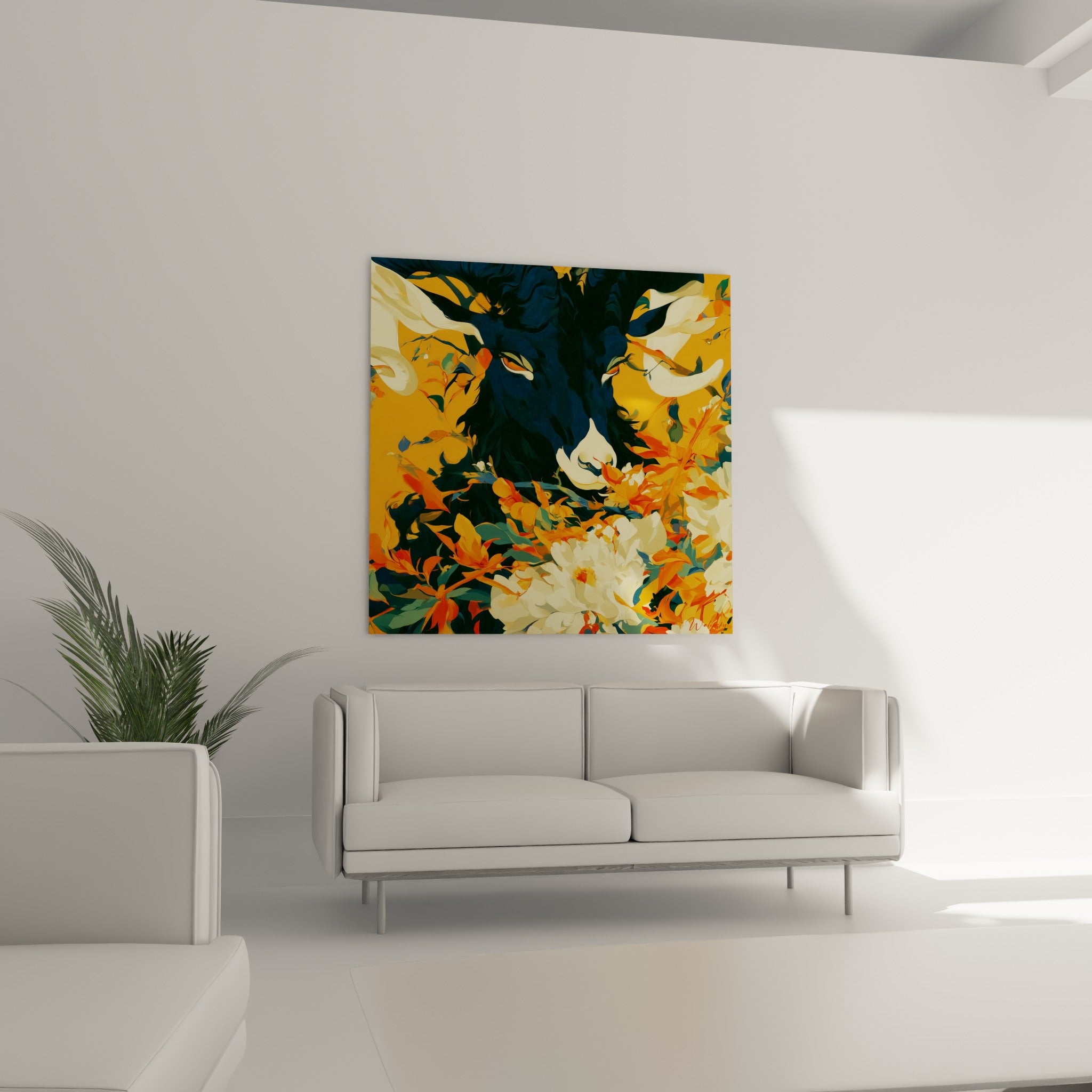 Museau blanc du Bélier entouré de pivoines orangées au-dessus d'un canapé dans un salon lumineux