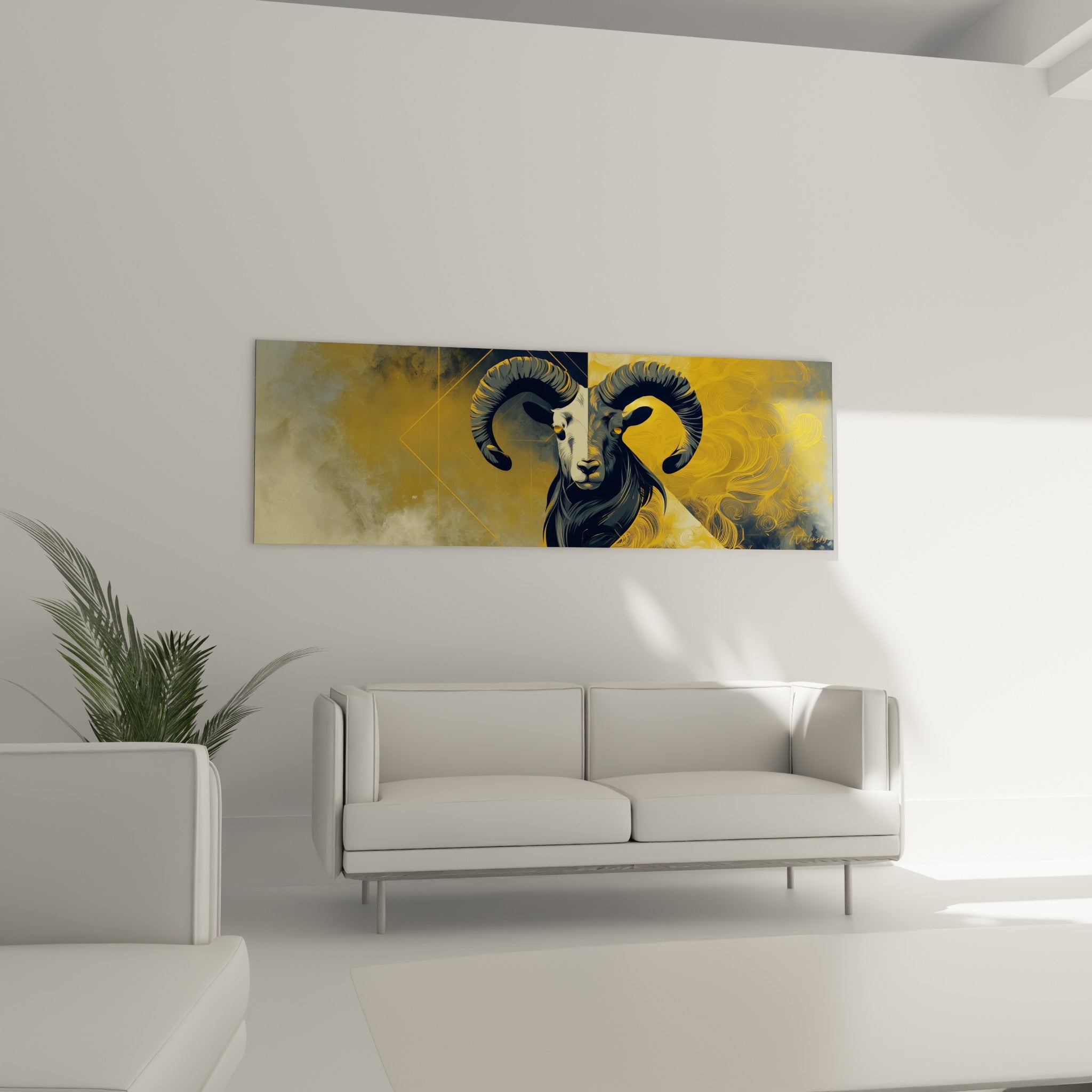 Museau blanc et pelage bleu marine du Bélier affiché au-dessus d'un canapé dans un salon lumineux