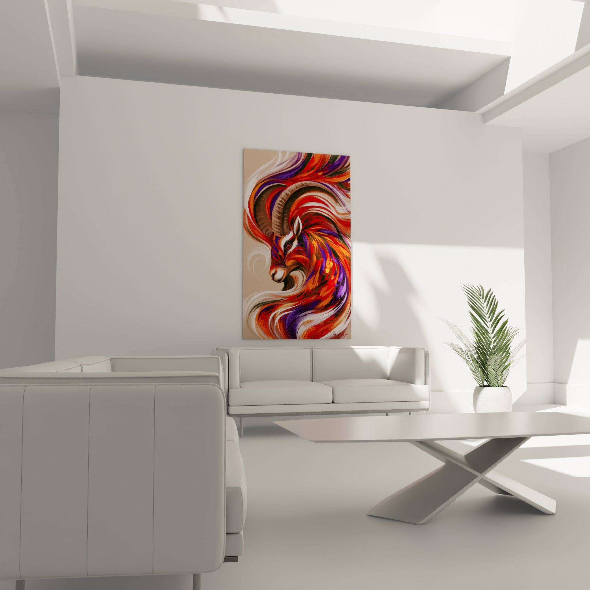 Museau blanc et corne beige entourés de volutes orangées et pourpres, au-dessus d'un canapé dans un salon lumineux