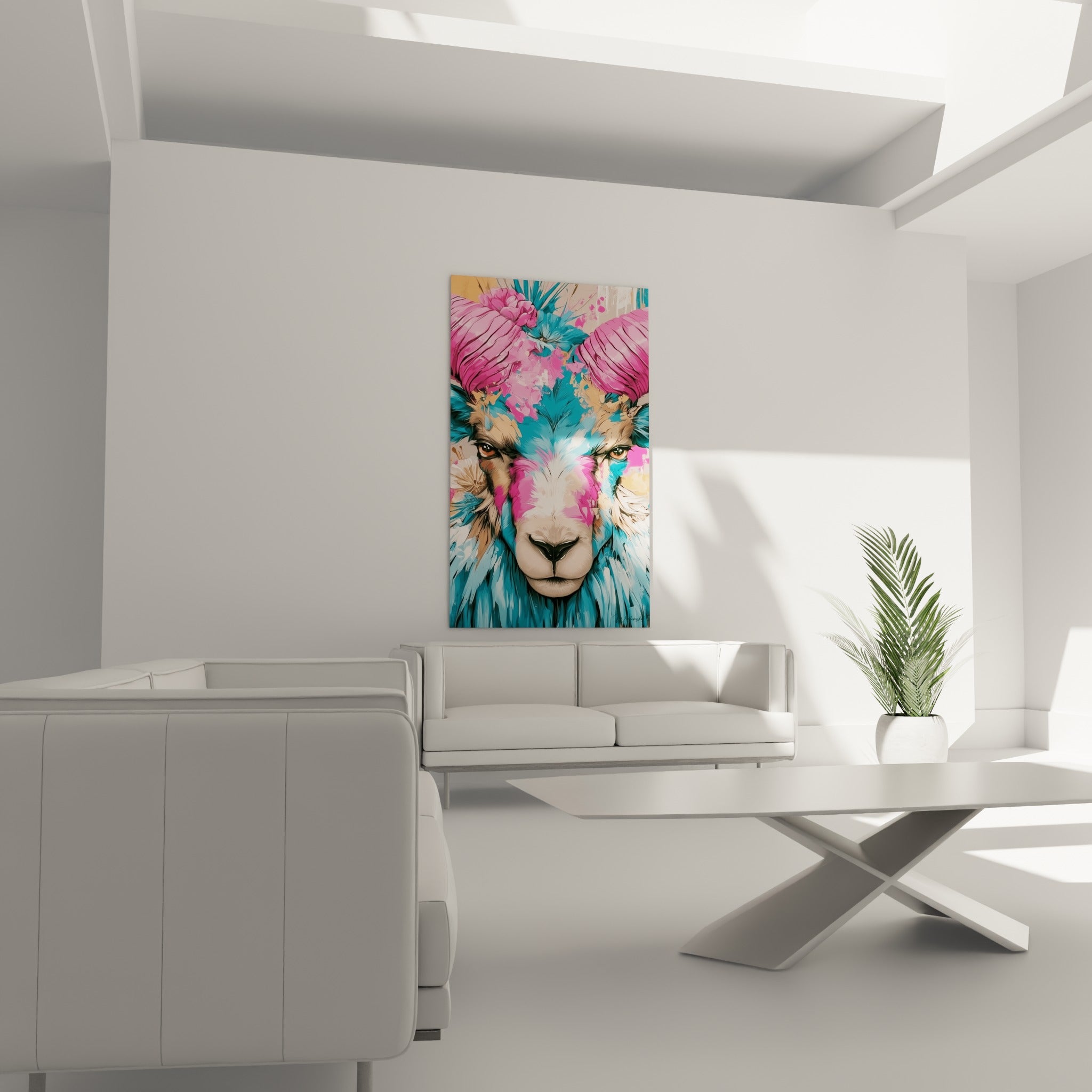 Museau crème et regard sombre du Bélier fuchsia, au-dessus d'un canapé dans un salon lumineux