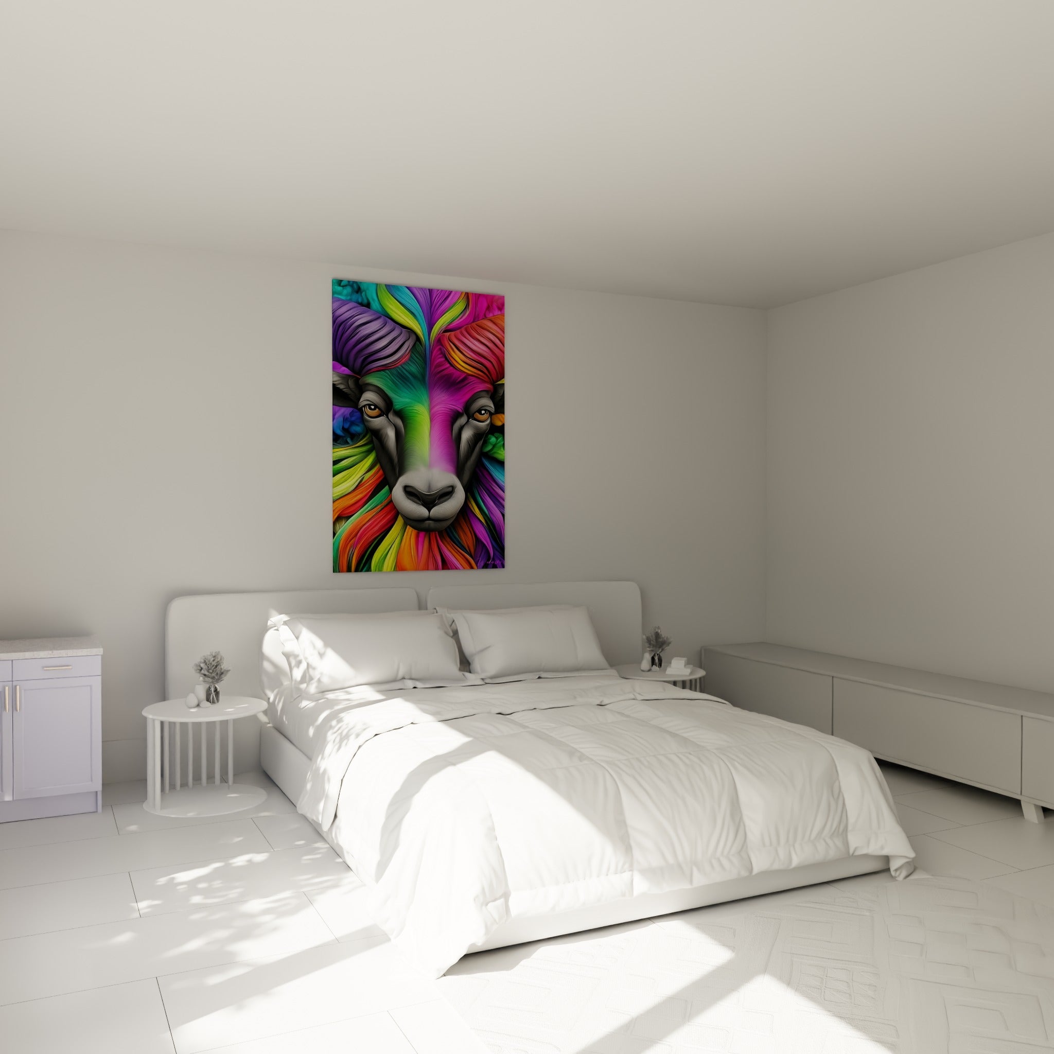 Museau gris et cornes multicolores du Bélier au-dessus d'un lit dans une chambre claire