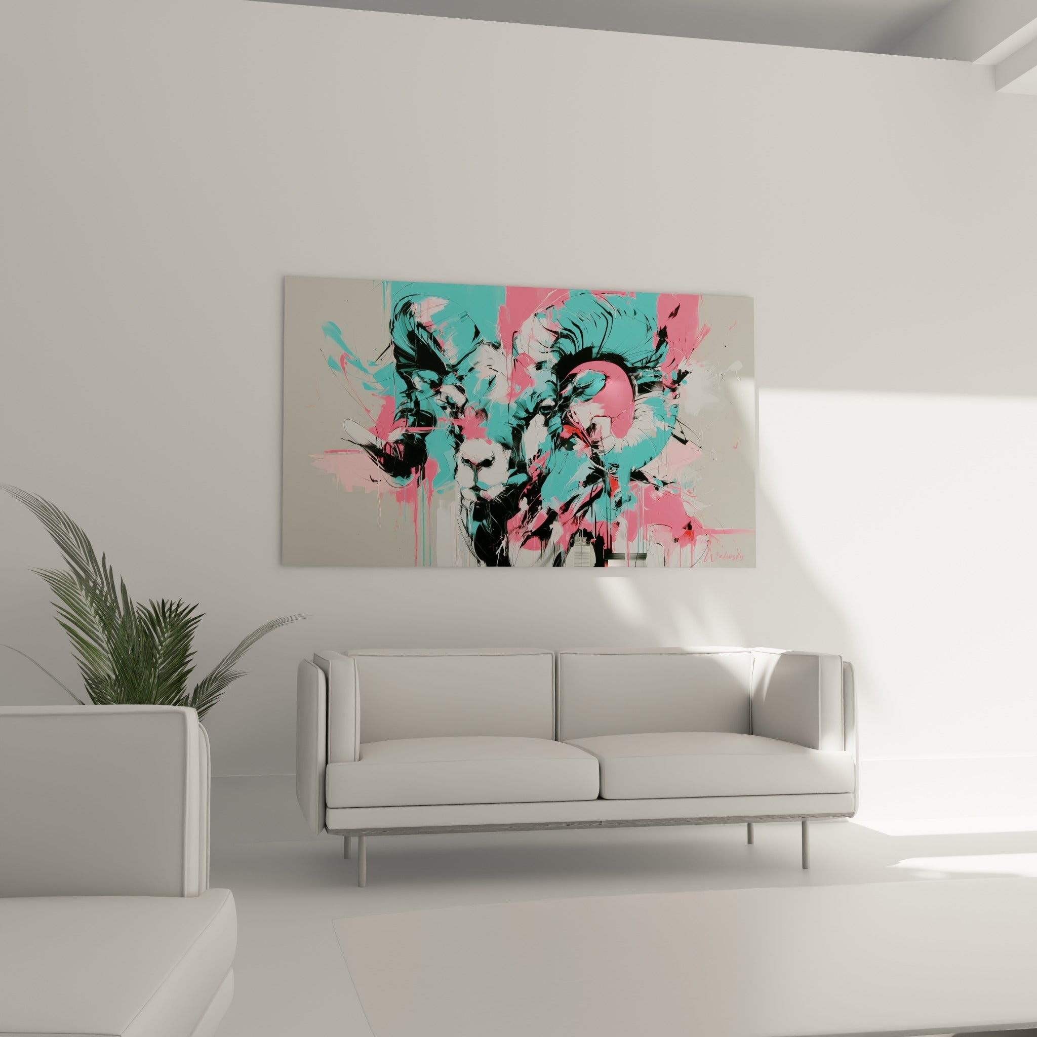 Museau blanc encré de noir entouré d'éclaboussures roses et turquoise au-dessus d'un canapé dans un salon lumineux