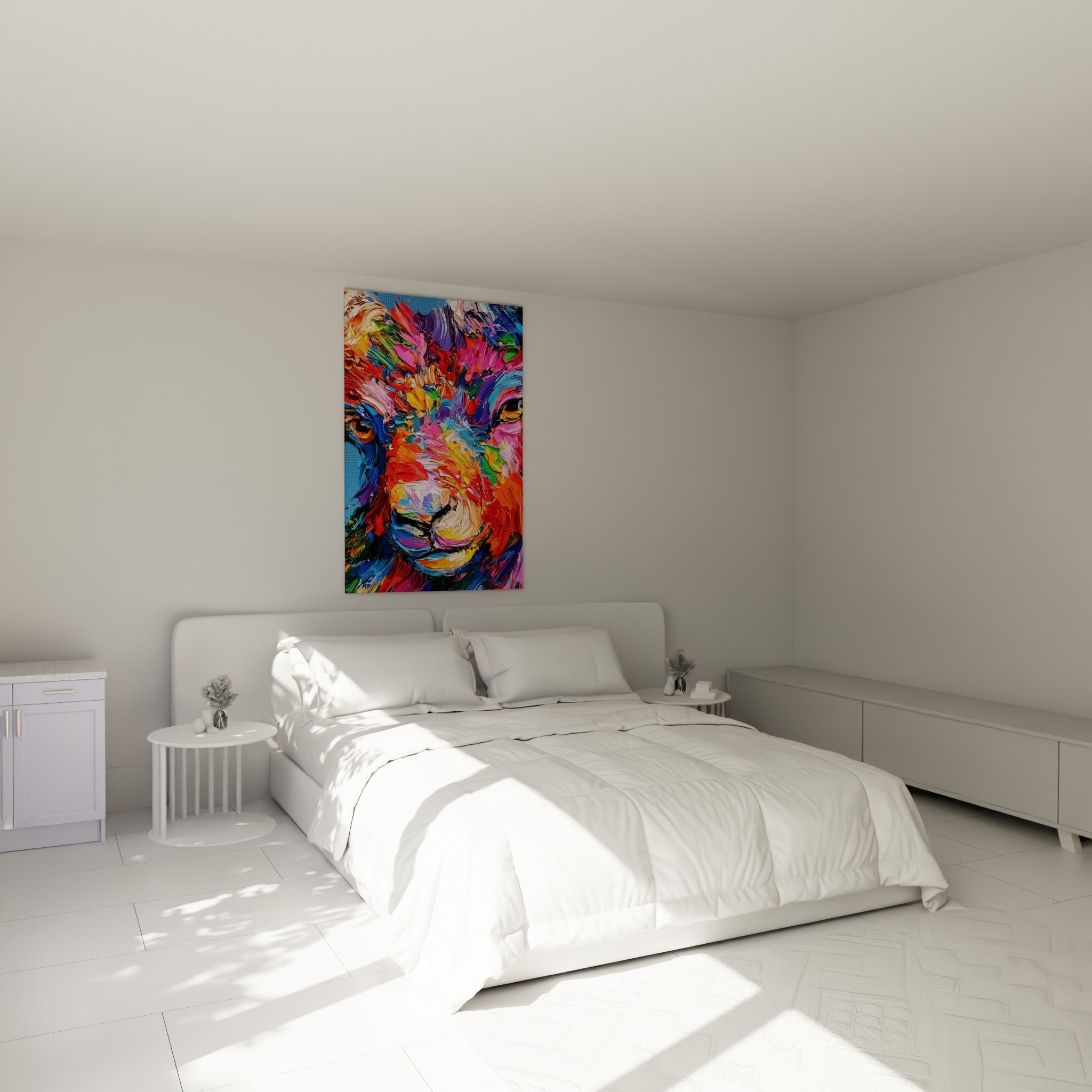 Museau coloré du Bélier en orange et violet, accroché au-dessus d'un lit dans une chambre claire