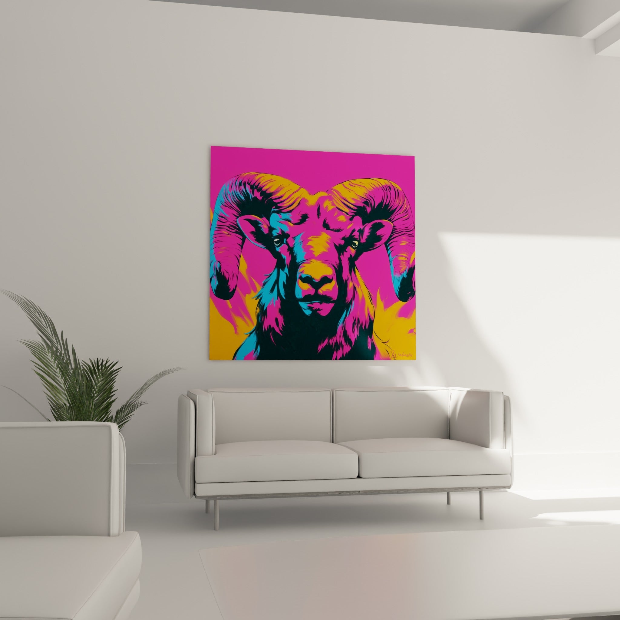 Museau noir et rose du Bélier entouré de bleu turquoise, au-dessus d'un canapé dans un salon lumineux