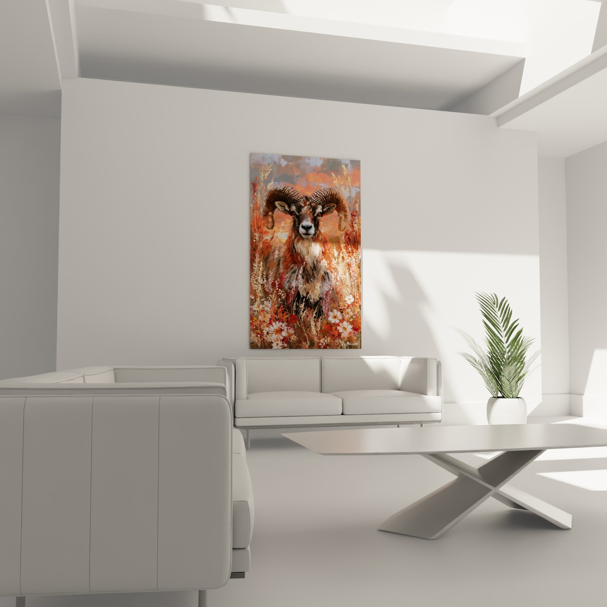 Cornes majestueuses du Bélier ocre dans un champ fleuri, au-dessus d'un canapé dans un salon lumineux