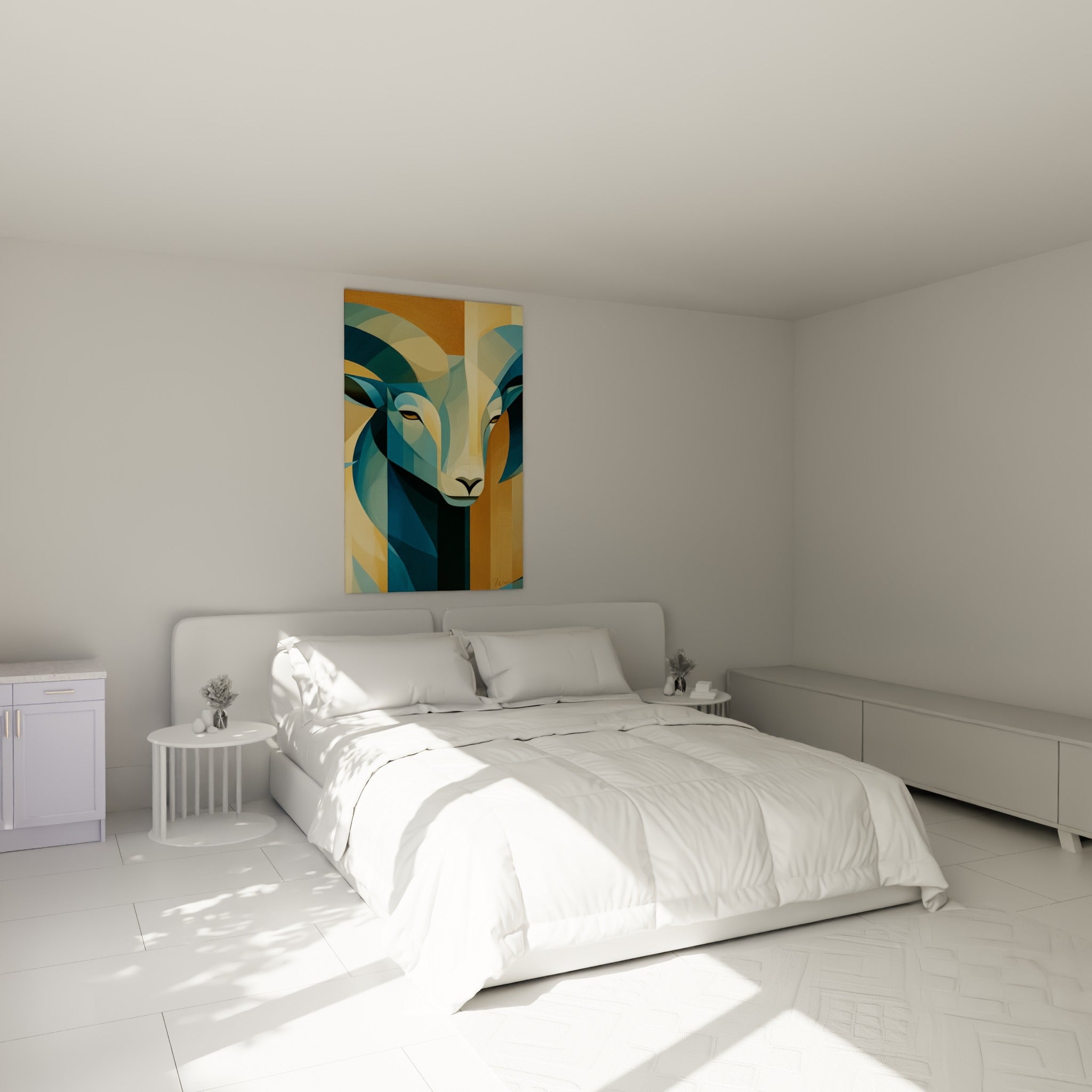 Cornes bleu marine et museau ivoire du bélier accrochés au-dessus d'un lit dans une chambre claire